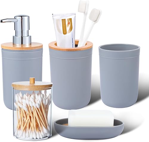 Miniatura 9 de iMucci Juego de accesorios de baño de 5 piezas de plástico para decoración de baño, soporte para cepillos de dientes, vaso para cepillos de dientes,