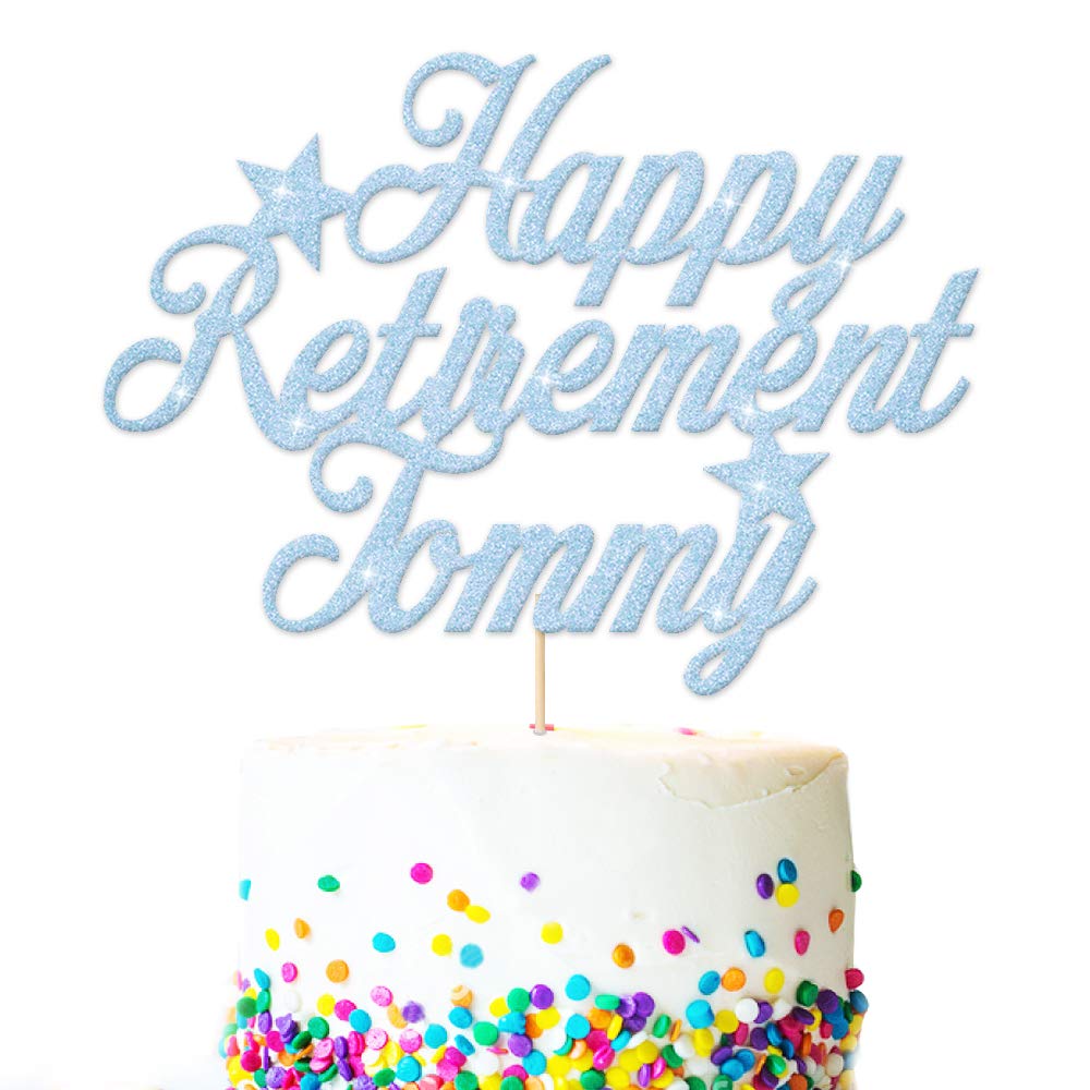 EDSG Personalised Cake Topper for Retirement | Custom Cake Decoration With Any Name | Double Sided Multicolour Glitter Party Decoration Hand Finished in UK(Baby Blue)