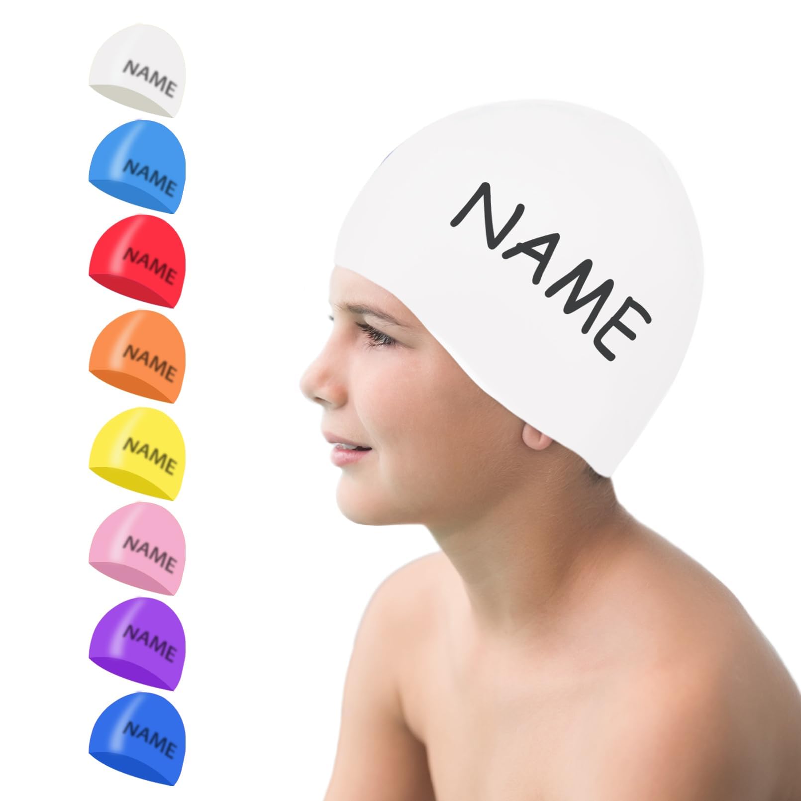 Swimming Cap Kids, Personalized Silicone Swimming Hat Kids with Name Waterproof Colorful Comfortable Anti Slip Boys Girls (White, S)