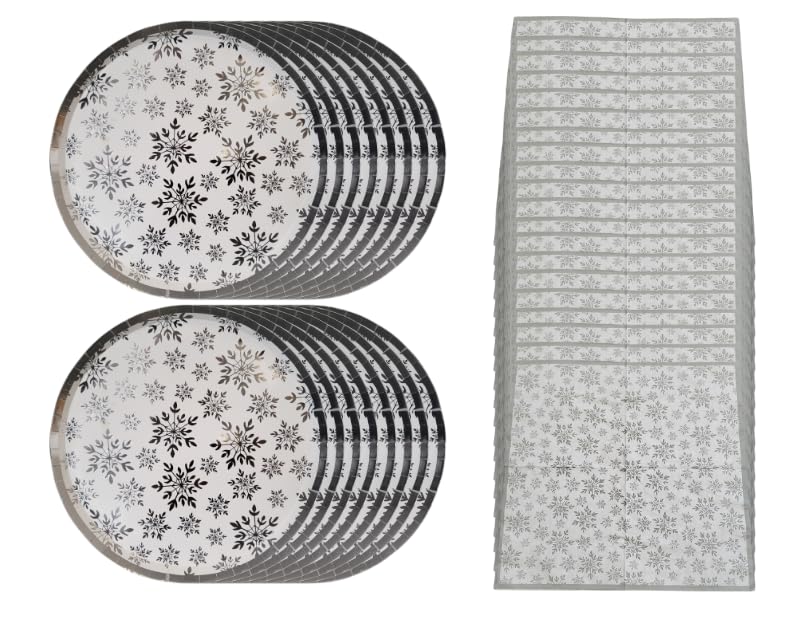 Hilltop Supplies Christmas Snowflake Pattern Disposable Paper Plates with Napkins, White, 24.5cm