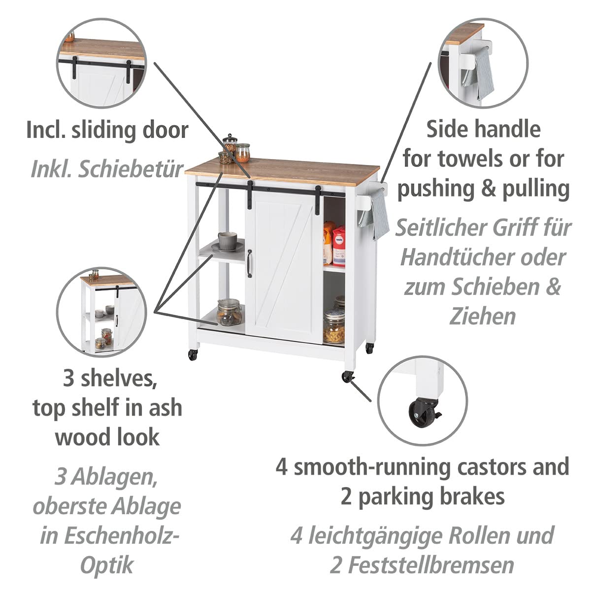 WENKO Houten keukenwagen, landelijke stijl, trolley met schuifdeur, rustieke keukenwagen met geïntegreerde opbergruimte, hout - MDF, 80 x 88,5 x 40 cm, wit