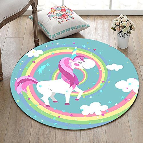 Swirl Rainbow Cartoon Unicorn Area Rugs, Cloud Stars Memory Foam Non-Slip Round Rug, Washable Living Room Bedroom Carpet Kids Playmat, Dia.3'4''(100cm)