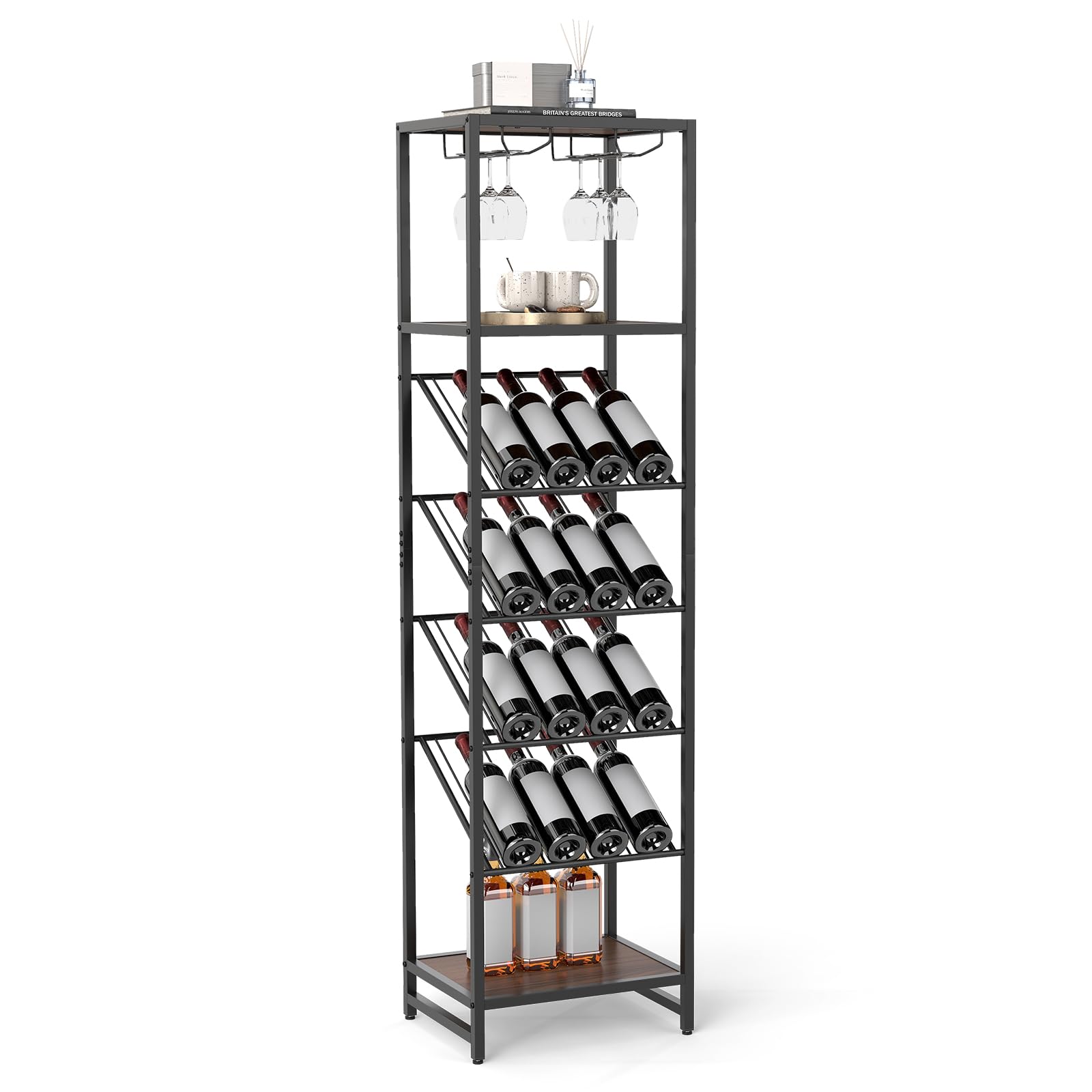 COSTWAY Portabottiglie da Terra a 7 Livelli, Cantinetta Portabottiglie di Vino con Portabicchieri e Piano d'Appoggio, per 16 Bottiglie, Scaffale Espositivo per Vino per Bar, Cucina e Sala da Pranzo