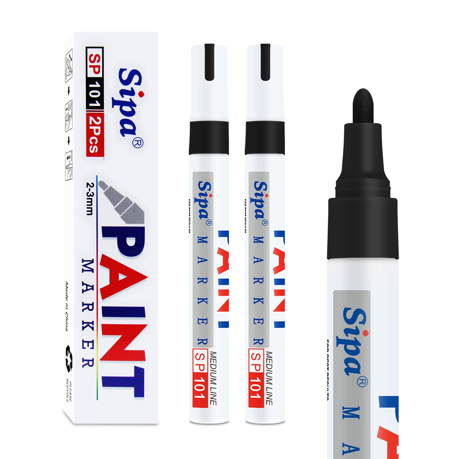 Sipa Black Paint Markers Pens, 2 Pack Oil Based Chisel Tip Permanent Paint Pens, Quick Drying & Waterproof Markers for Rocks Wood Metal Plastic Canvas Glass Shoes, Gifts for artists, kid