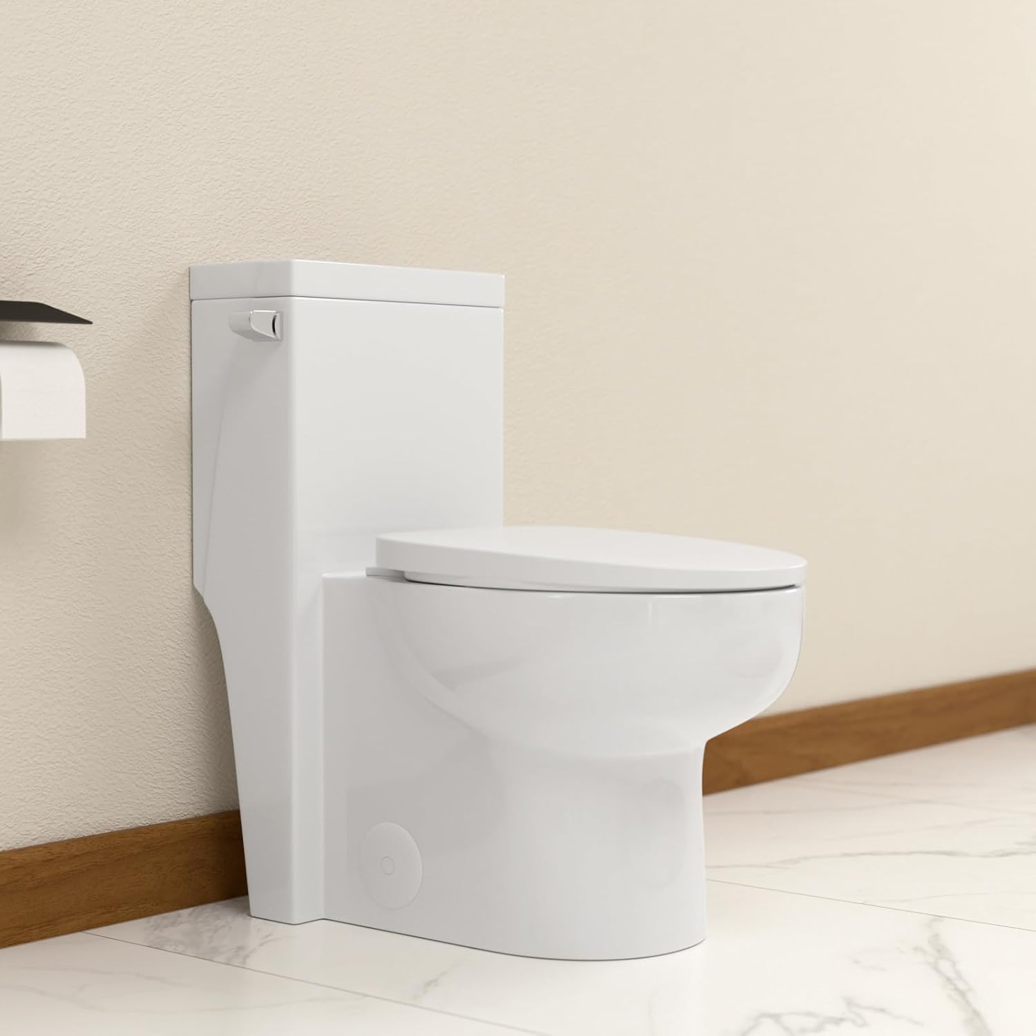 Compact One Piece Elongated Skirted Toilet with Side Lever Flush, ADA Comfort Chair Height 16", Powerful Water-Saving 1.28 GPF, Standard 12'' Rough-In, White Toilet for Bathroom