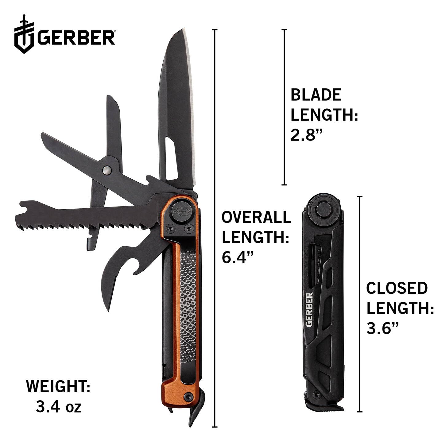 Gerber ArmBar Scout Pocket Knife with 7 Functions, Multi-Tool with Smooth Blade, Scissors and Saw, Black/Orange, Stainless Steel/Aluminum, 1064396