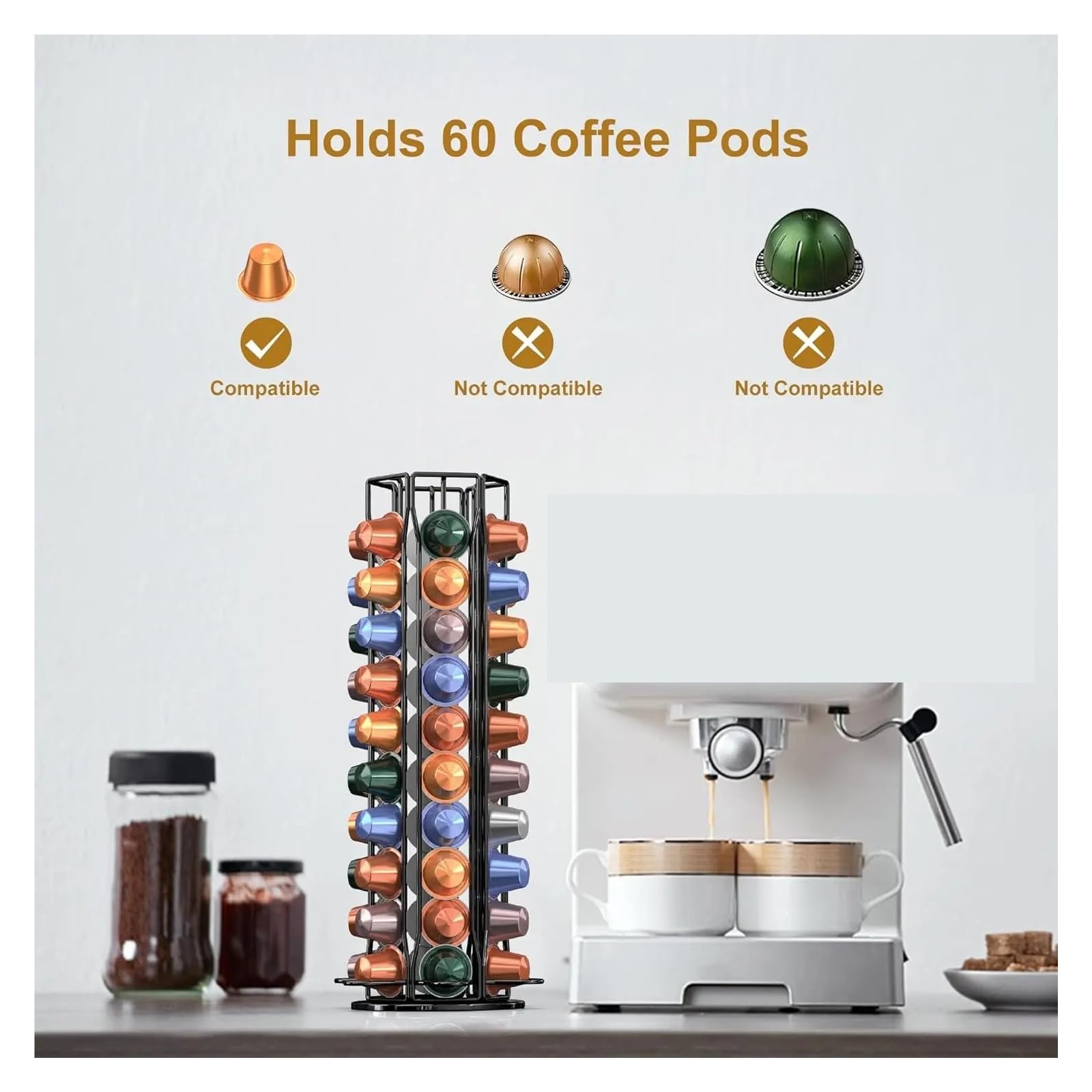 Soporte for cápsulas de café, Compatible con Nespresso, | Carrusel de cápsulas de café giratorio 360 60 cápsulas de café(40-Slivery)