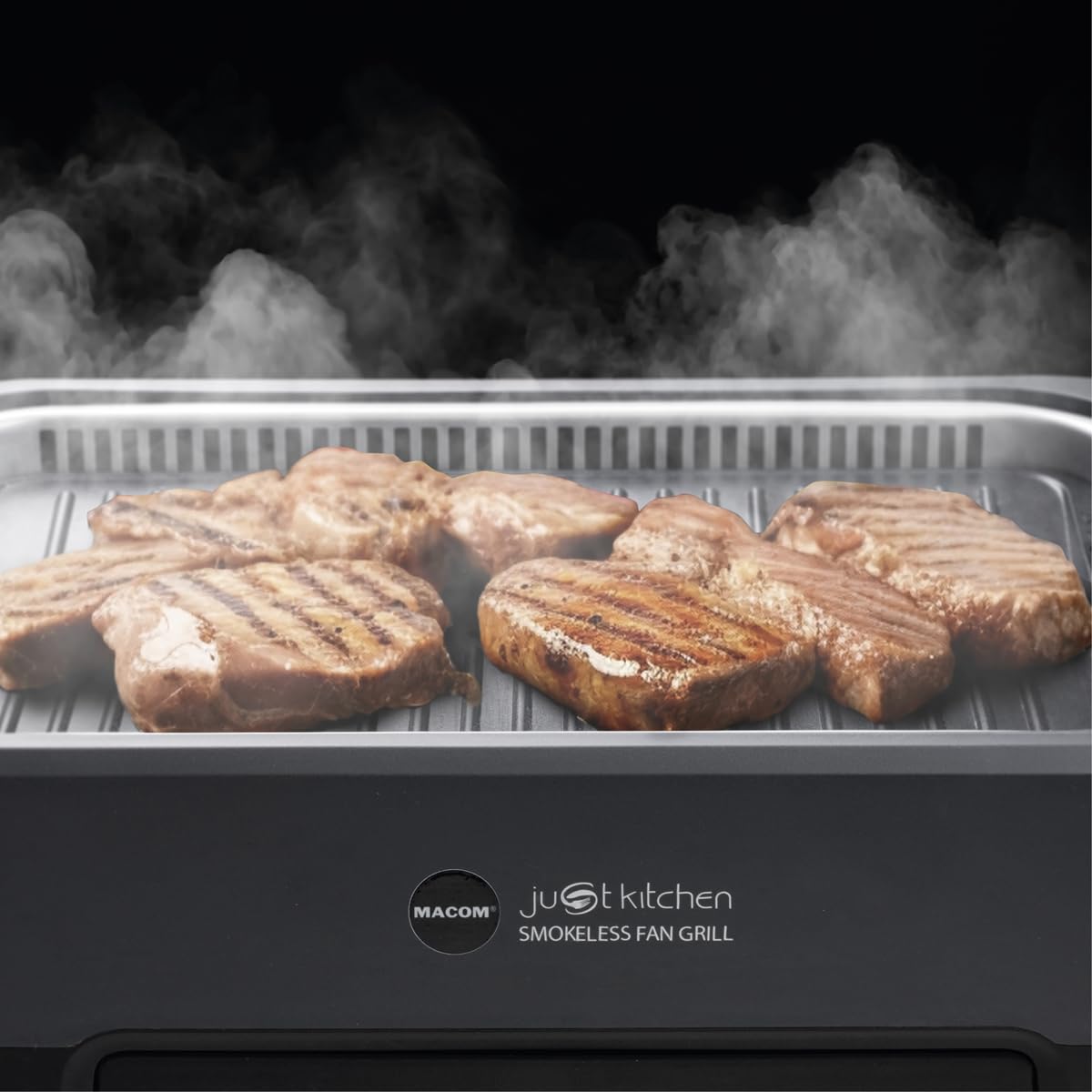 MACOM Griglia/Piastra Elettrica Con Cappa Aspirante Integrata e Doppio sistema filtrante,Indoor,Senza Fumo Senza Odori,Temperatura regolabile sino a 250°,1500W, Just Kitchen 849 Smokeless Fan Grill