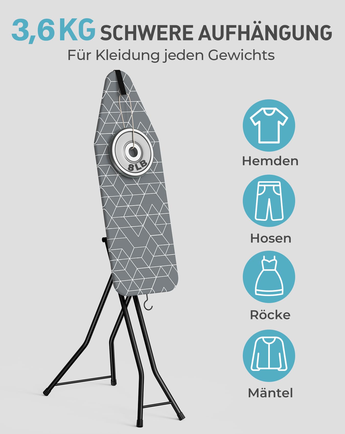 LyriFine Bügelbrett mit Bügeleisenablage, 2-in-1 Bügeltisch für Dampfbügeln & klassisches Bügeln, hitzebeständige Auflage, klappbar mit Haken, Stabiler Stahl, Bügelbrett für Dampfbügelstation, grau
