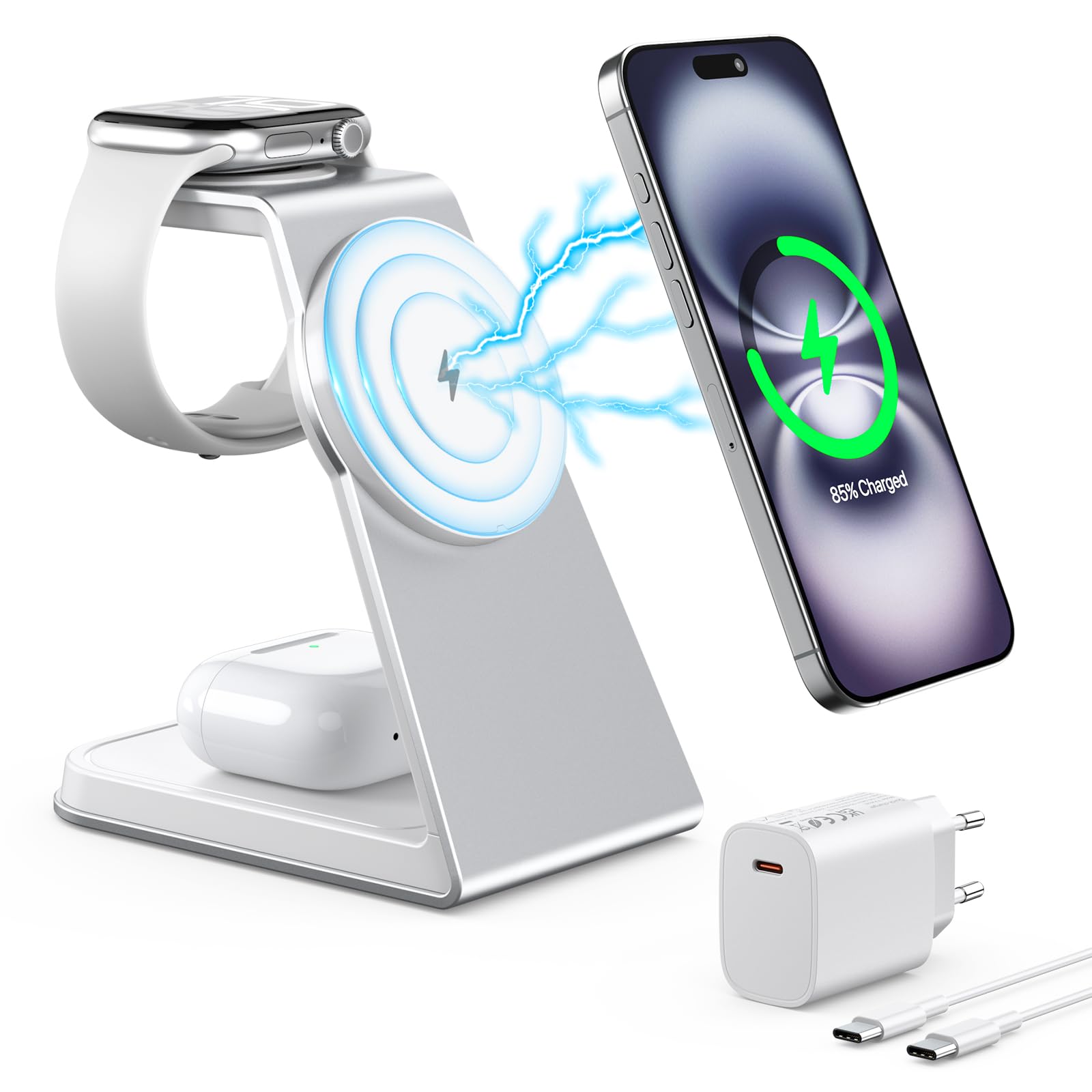 3 IN 1 Ladestation für Apple Watch und iPhone, Induktive Ladestation auch geeignet für Airpods Pro 3 2, Kabelloses Ladegerät für iPhone 16 15 14 13 12 Serie(Grau)