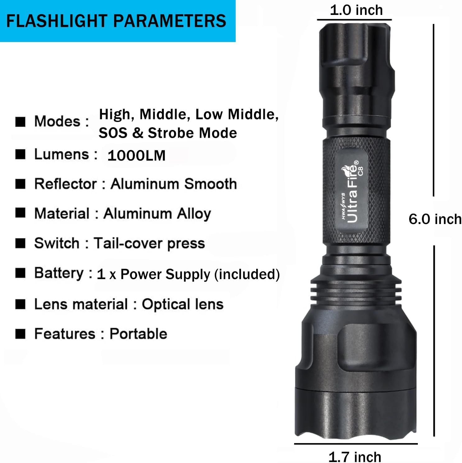 ULTRAFIRE C8 LED Flashlight 1000 High Lumen Tactical Flashlight,5-Mode Handheld Mini Flashlight,IPX6 Waterproof,with Charger and UFB18,for Emergency, Camping, Everyday Carry