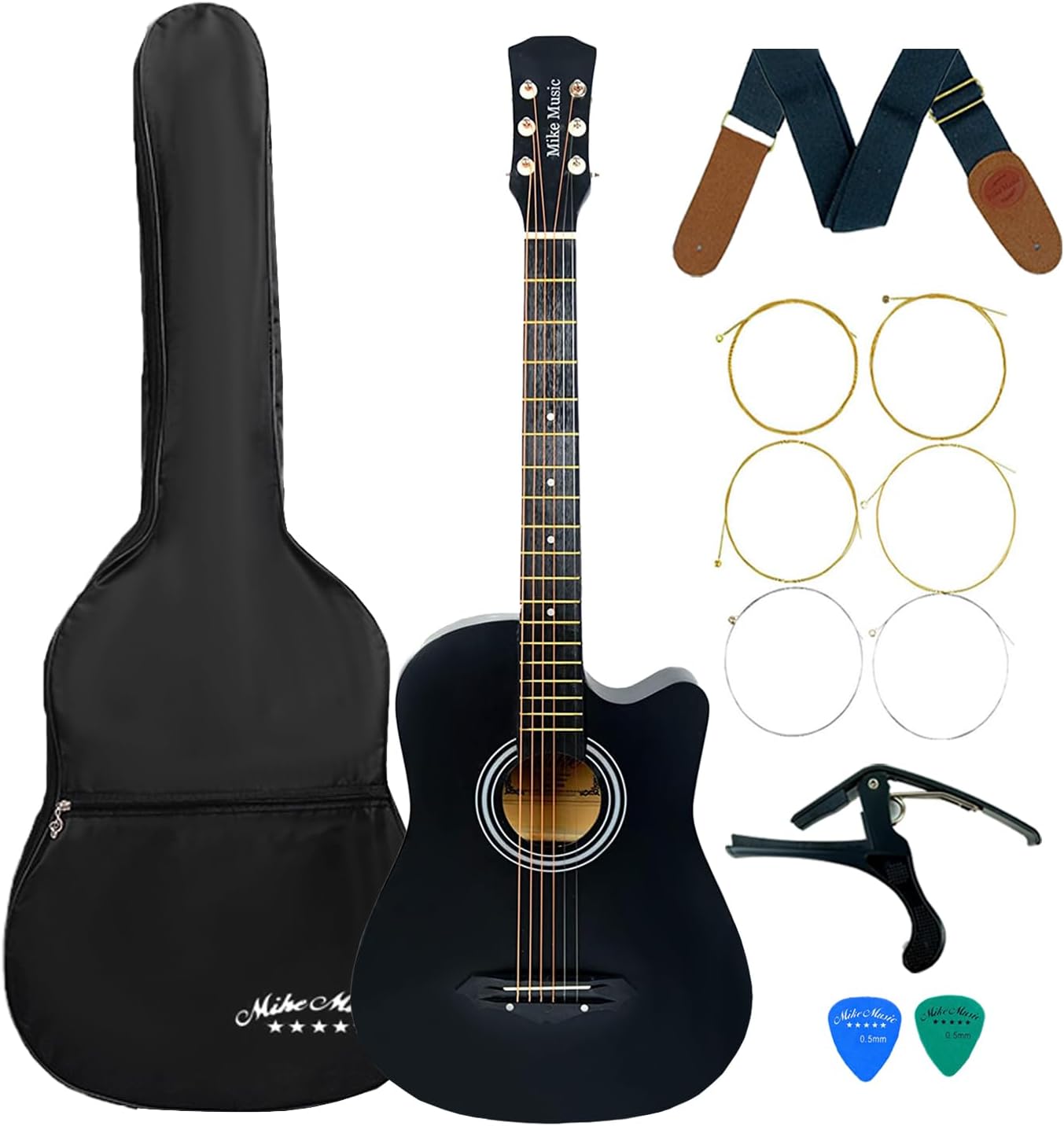 Mike Music 38 inch Acoustic Guitar Beginner Set, All Wood Cutaway Acoustic Guitar Starter Kit w/Gig Bag, Strap, Capo, A Pack of Extra Strings, 2 Picks - Matte Black