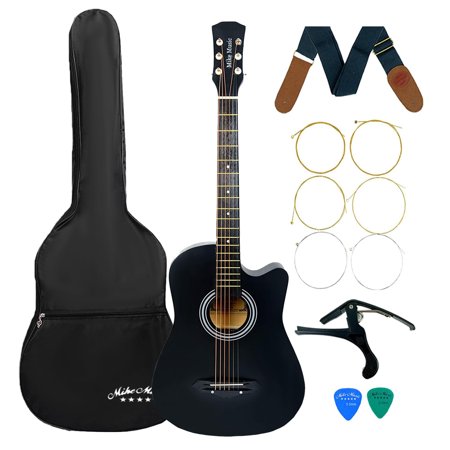 Mike Music38 inch Acoustic Guitar Beginner Set, All Wood Cutaway Acoustic Guitar Starter Kit w/Gig Bag, Strap, Capo, A Pack of Extra Strings, 2 Picks - Matte Black