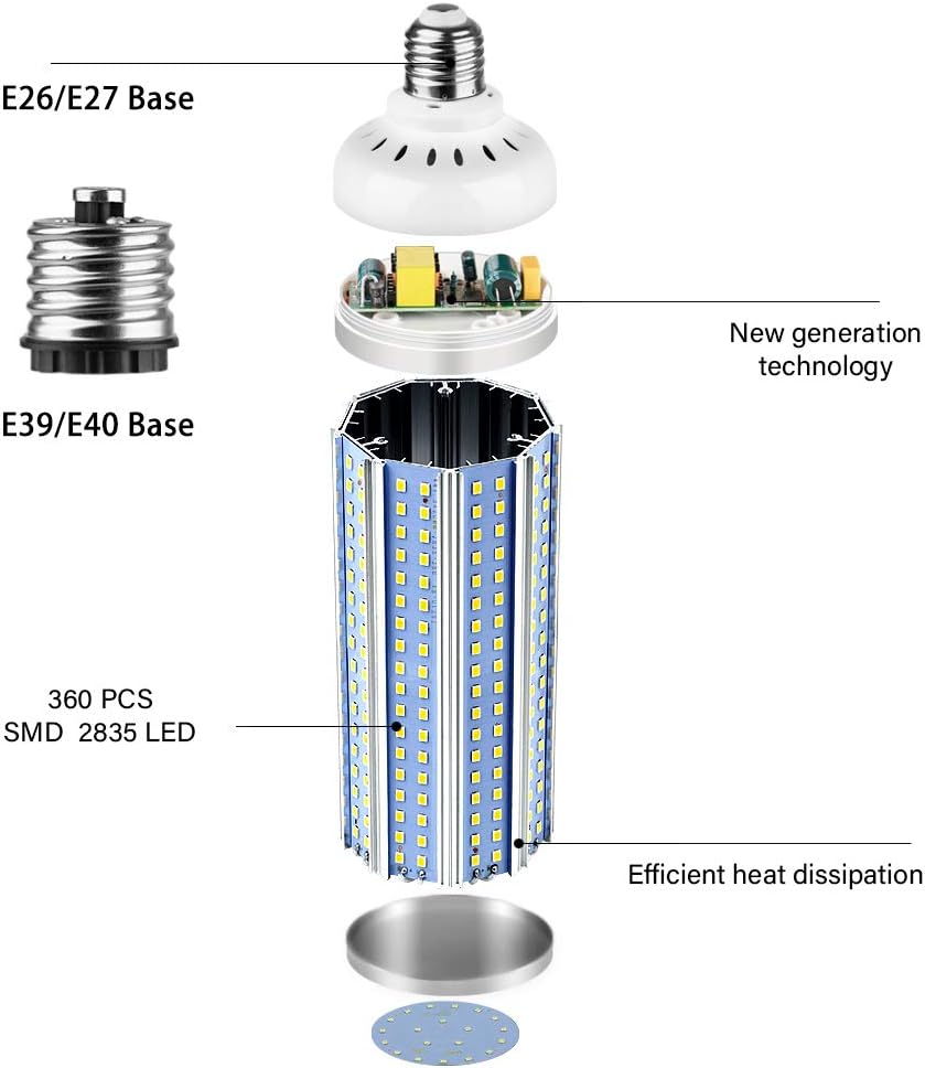 E39 80W LED Corn Light Bulb， 800W Equivalent 8000 Lumen 6500K Large Area Cool Daylight White for Outdoor Indoor Garage Warehouse Workshop Street Factory Backyard E39/E40&E26/E27 (E39/E40&E26/E27)