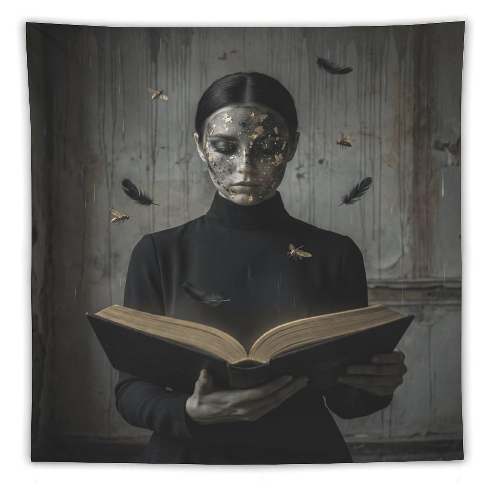 H3B8U2Y5 Silver Mask Reader Wall Tapestry, Detailed Illustration Style