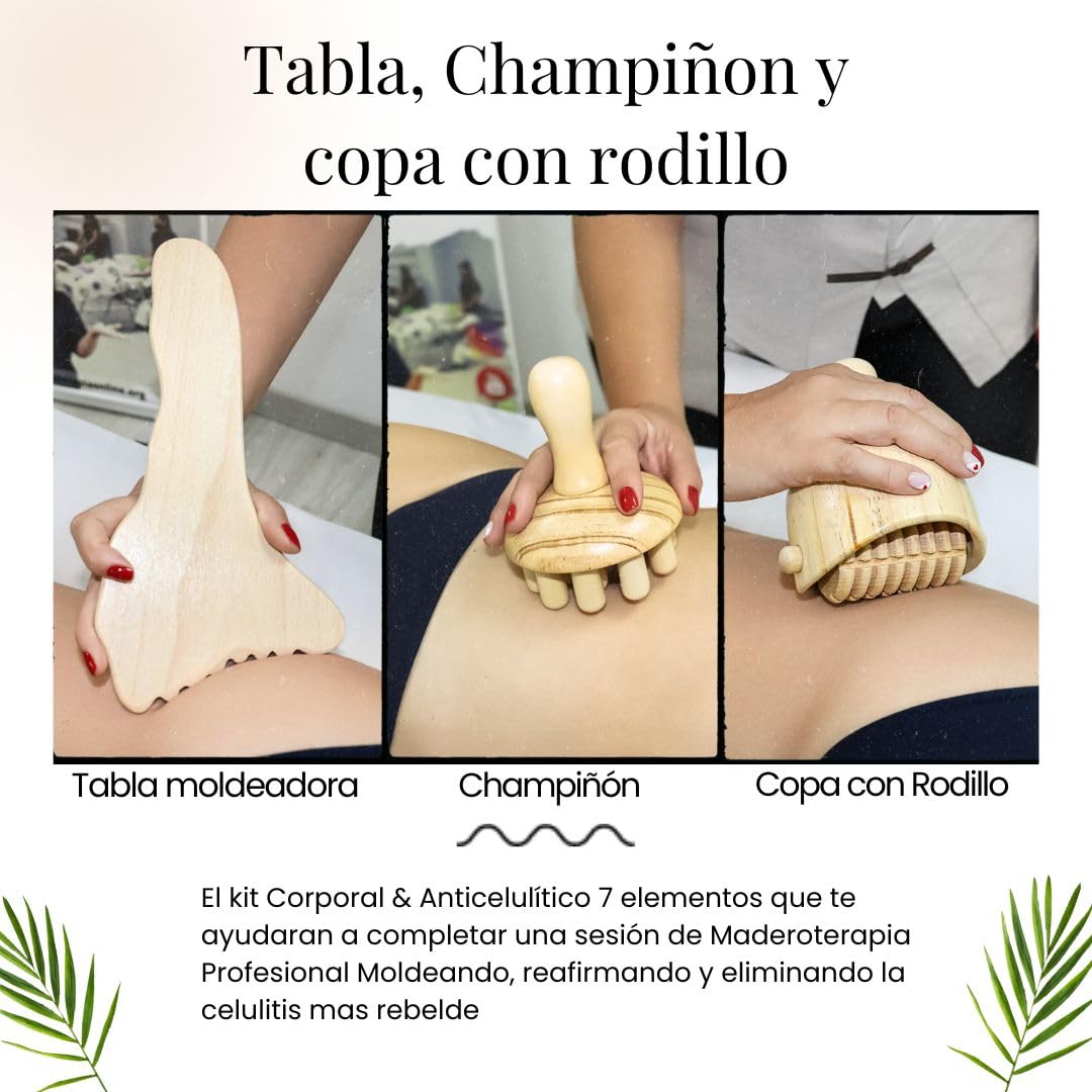 Kit Maderoterapia Anticelulítica | Maderoterapia | Kit compuesto de 7 Elementos Fabricados en Madera de Pino y Loto Natural | Ideal para Masajes | Diseños Exclusivos Maderoterapia Estética España