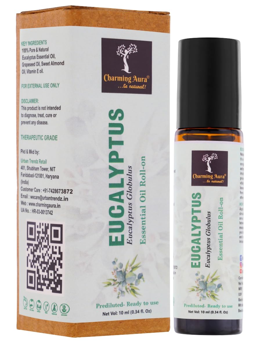Charming Aura Eucalyptus Essential Oil | Roll-On | Prediluted ready to use | Pure & Natural Therapeutic Grade | Pain Relief | Relieves from Cold & Flu | 10ml | (Eucalyptus Roll-on, Pack of 1)
