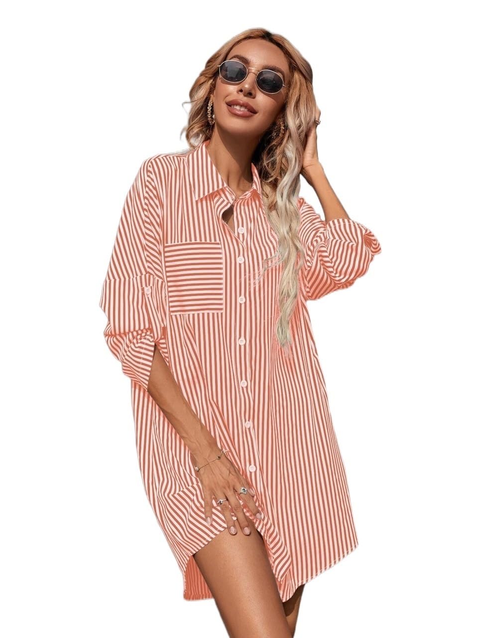 Women's Shirt Striped Roll Up Sleeve Shirt Dress (Color : Coral Orange,  Size : X-Small) : Amazon.ca: Clothing, Shoes \u0026 Accessories
