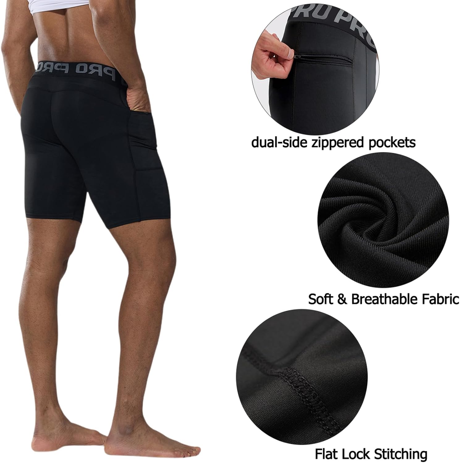 3 Pack Men's Compression Shorts with Secure Zippered Phone Pockets - Spandex Athletic Workout Gear for Running & Basketball