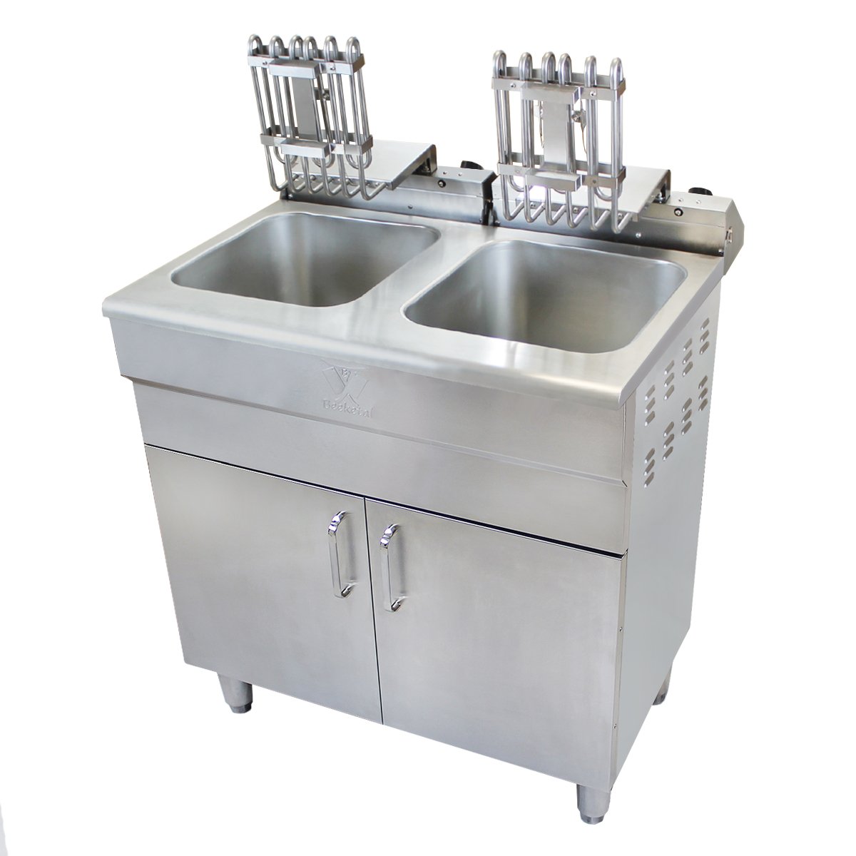 Beeketal 'BSF-320P' Profi Gastro Stand Doppel Fritteuse mit Unterschrank (2 x 16 L Volumen für max. 2 x 11 L Öl) Friteuse mit Fettablaufhahn im Schrank, 2 x 5000 Watt, 400V-50Hz Starkstrom Anschlüsse