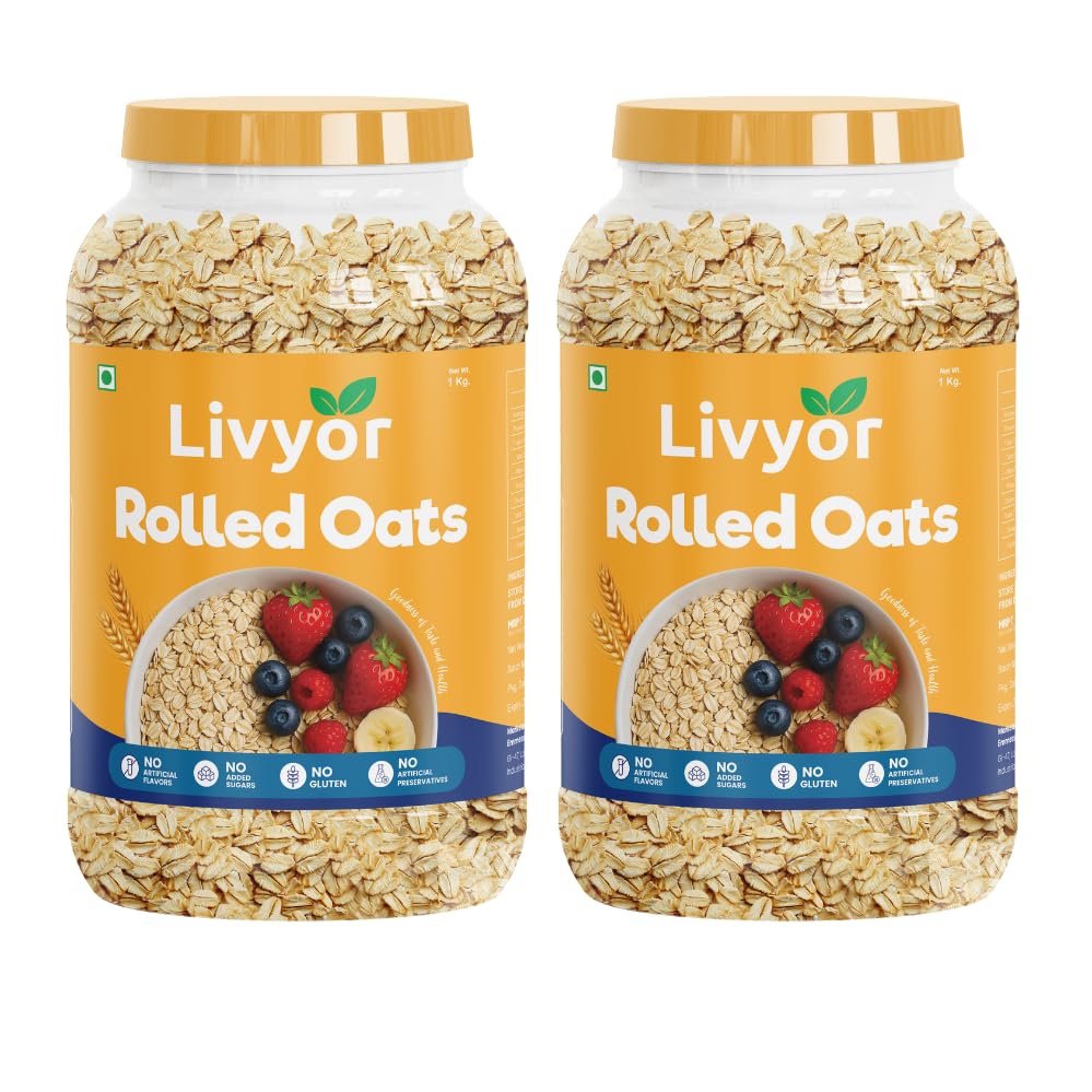 Livyor Rolled Oats for eating - 2kg | Gluten Free | Breakfast Cereal for Weight Loss | 100% Wholegrain and clean | Rich in protien | Jumbo oats | Pack of 2