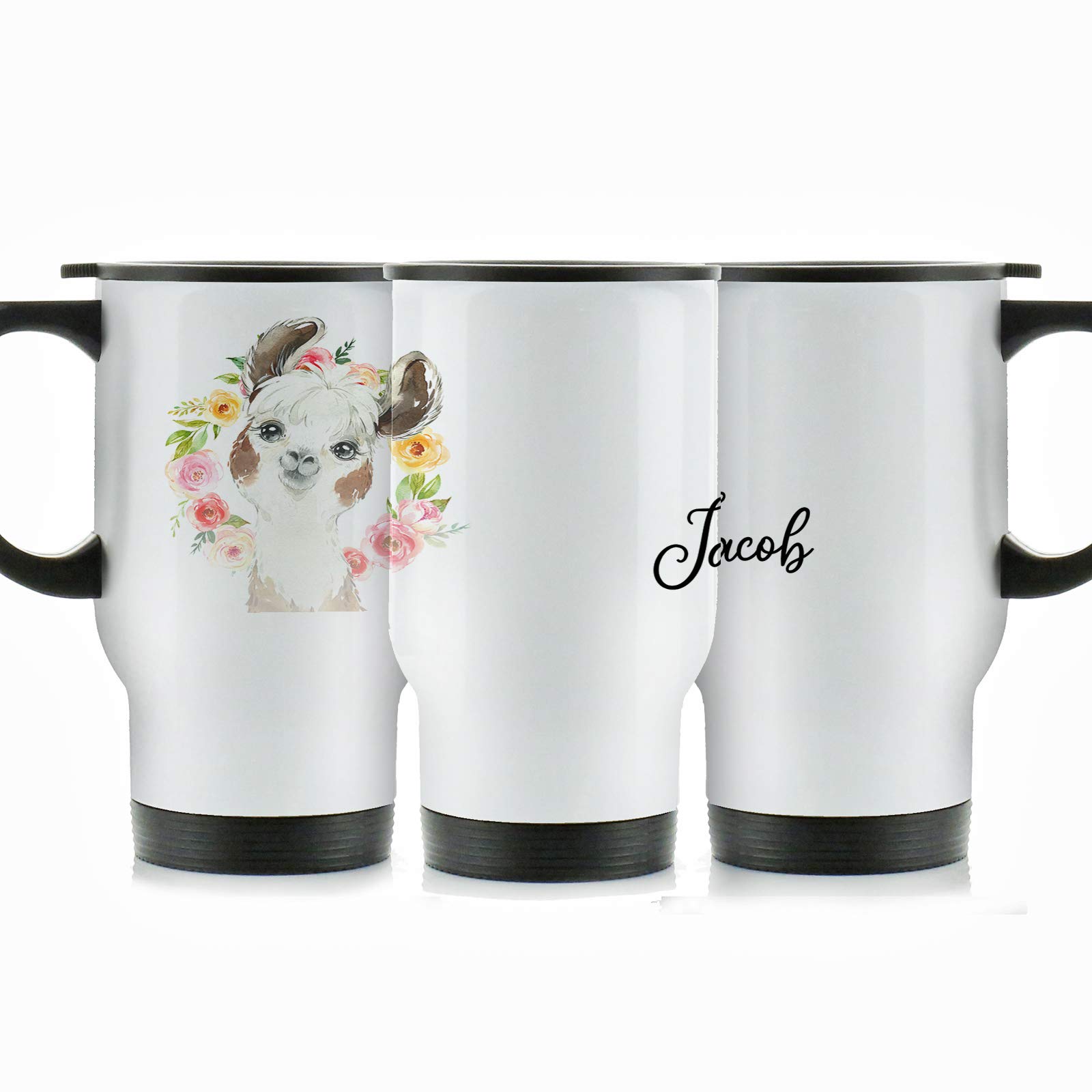 Hairyworm Personalised Travel Mug, 400ml White Stainless Steel Travel Mug with Handle, Customised with Initial/Name, Brown and White Alpaca Multicolour Flower Wreath Design Print