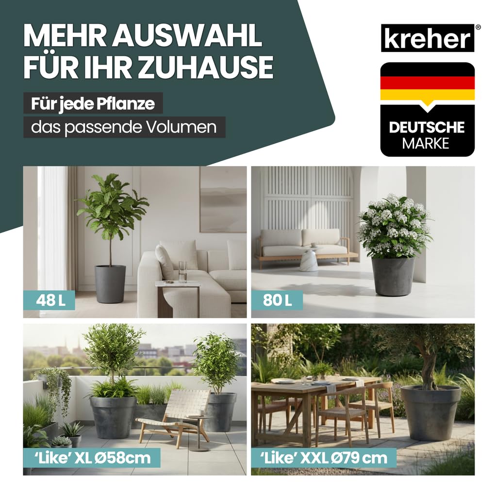 Kreher Pot de fleurs XXL Millennium avec plateforme roulante et un volume de 80 litres ! Magnifique aspect pierre naturelle en brun ou anthracite ! Dimensions : 59 x 49 cm (ØxH) (Anthracite)