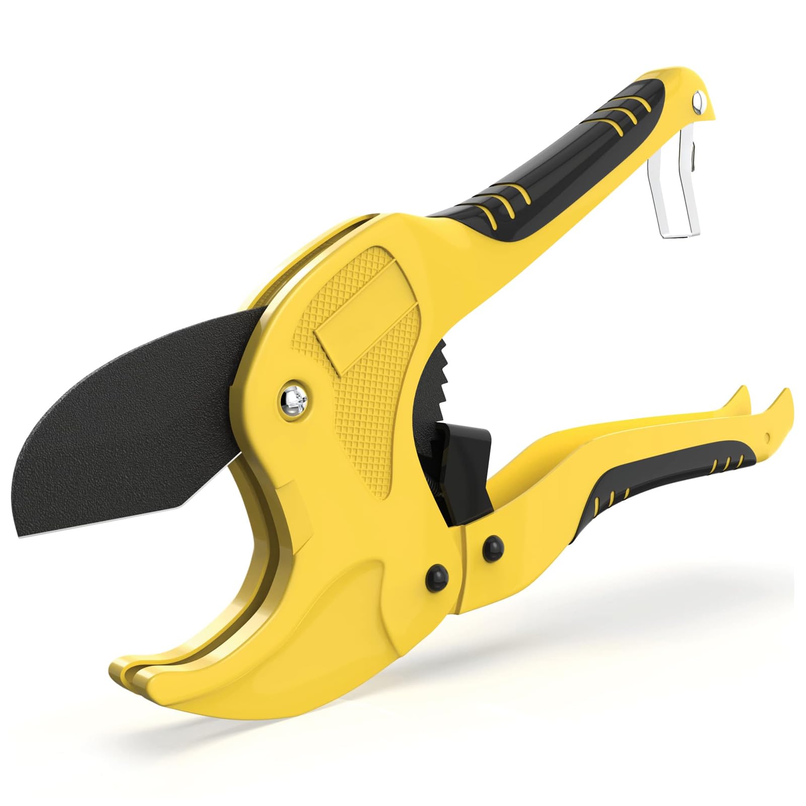 DOETYD 42mm Heavy Duty Plastic Pipe Cutter, Ratchet Action Pipe Cutter Tool for PVC PEX PPR Plastic Tubing and Rubber Hoses, with Ergonomic Non-Slip Handle and Secure Safety Lock (Yellow)