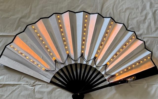 LED Light-Up Folding Fan, White Paper with Black Frame, Battery-Powered Illuminated Hand Fan (Red Lights)