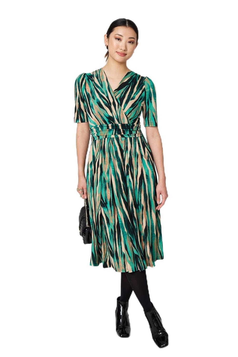 Izabel London Women's Green Printed 1/2 Sleeve Wrap Waist Midi Dress For Uk With Front Pleats And A V-Neck.