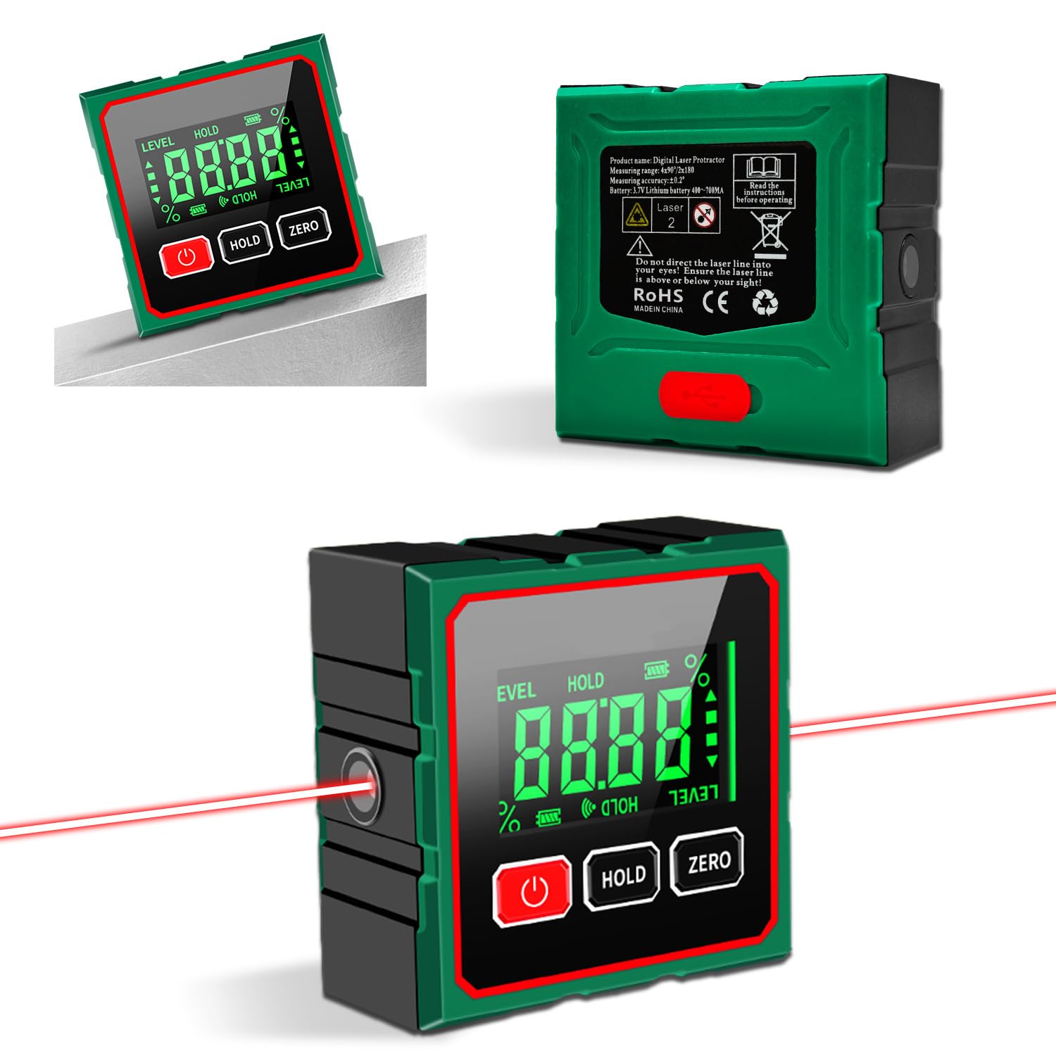 Livella Digitale, Goniometro Digitale con Laser, Elettronico Angle Finder 4x90° con LCD, 4 Lati Magnetici per Ricarica Inclinometro Livella Impermeabile, Ideale per Falegnami