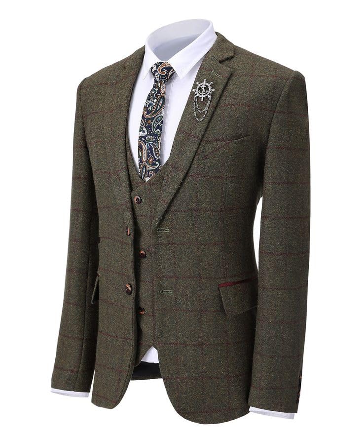 Premium Mens Irish Tweed Slim Fit Suit Set Groom 3 PCS Plaid Tuxedo Jacket Blazer Vest Pants2