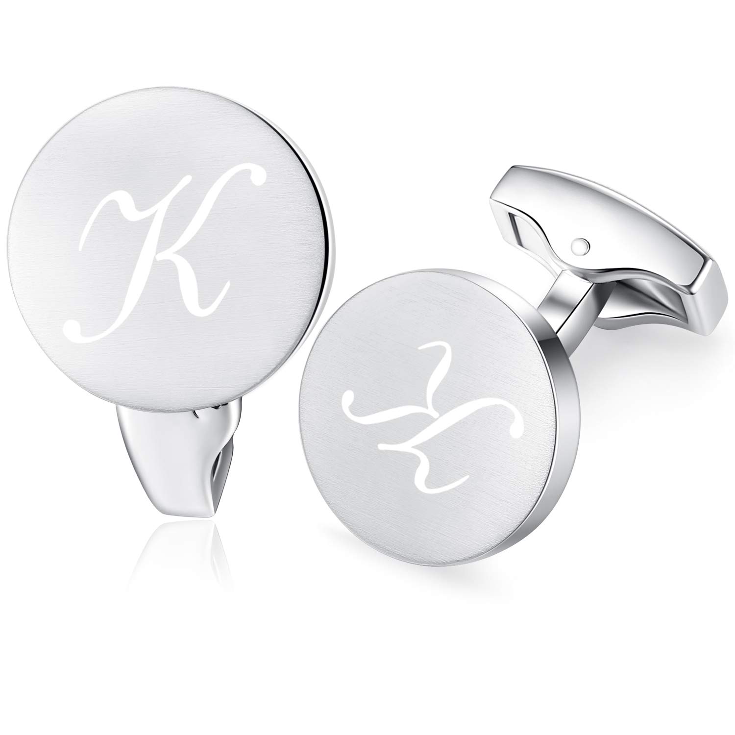 HONEY BEAR Initial Alphabet Letter Cufflinks for Men, Round Shape Stainless Steel Wedding Business Gifts Silver A to Z