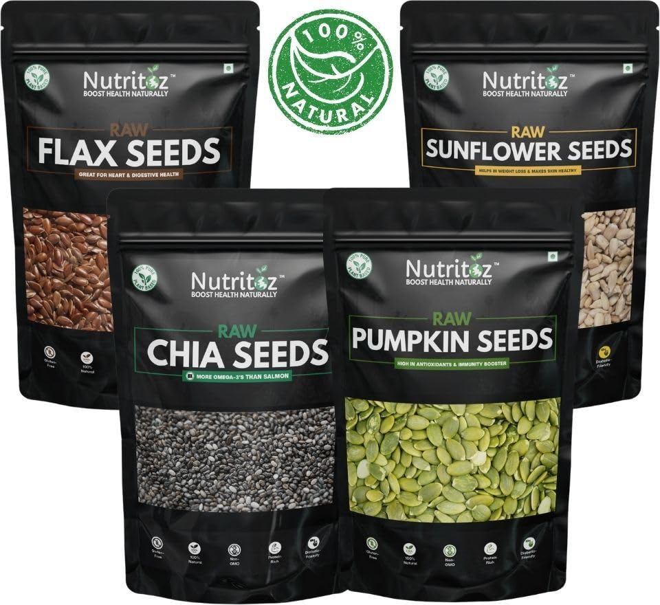 Image of Nutritoz Raw Chia Seeds, Flax, Pumpkin & Sunflower Seeds Combo - 50gm Pack Of 4 Brown (4 X 50 g)