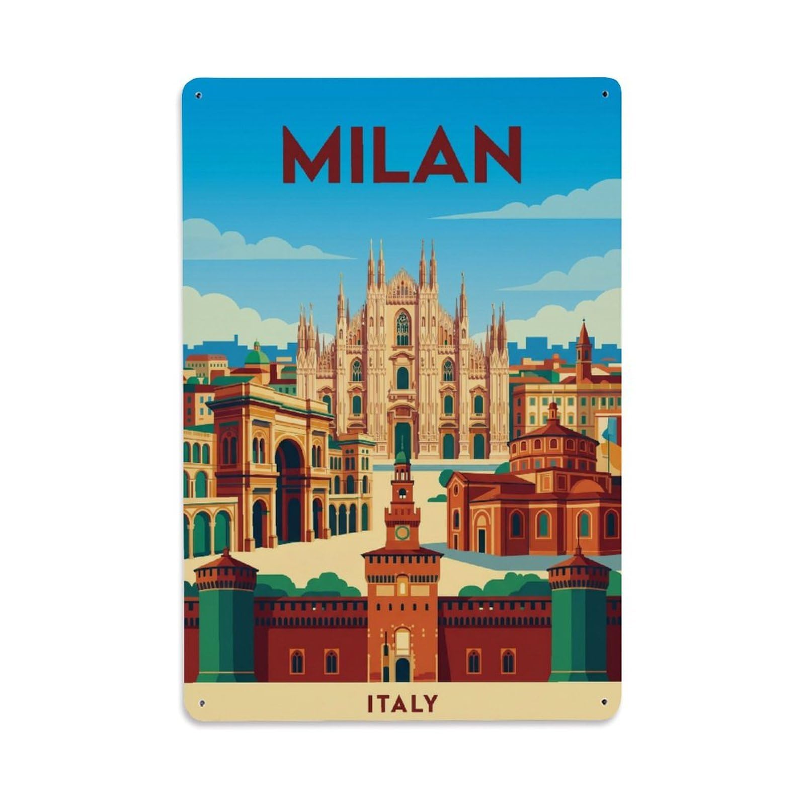 Olhnbad Style Cityscape Milan Italy Panoramic City Travel Metal Tin Sign
