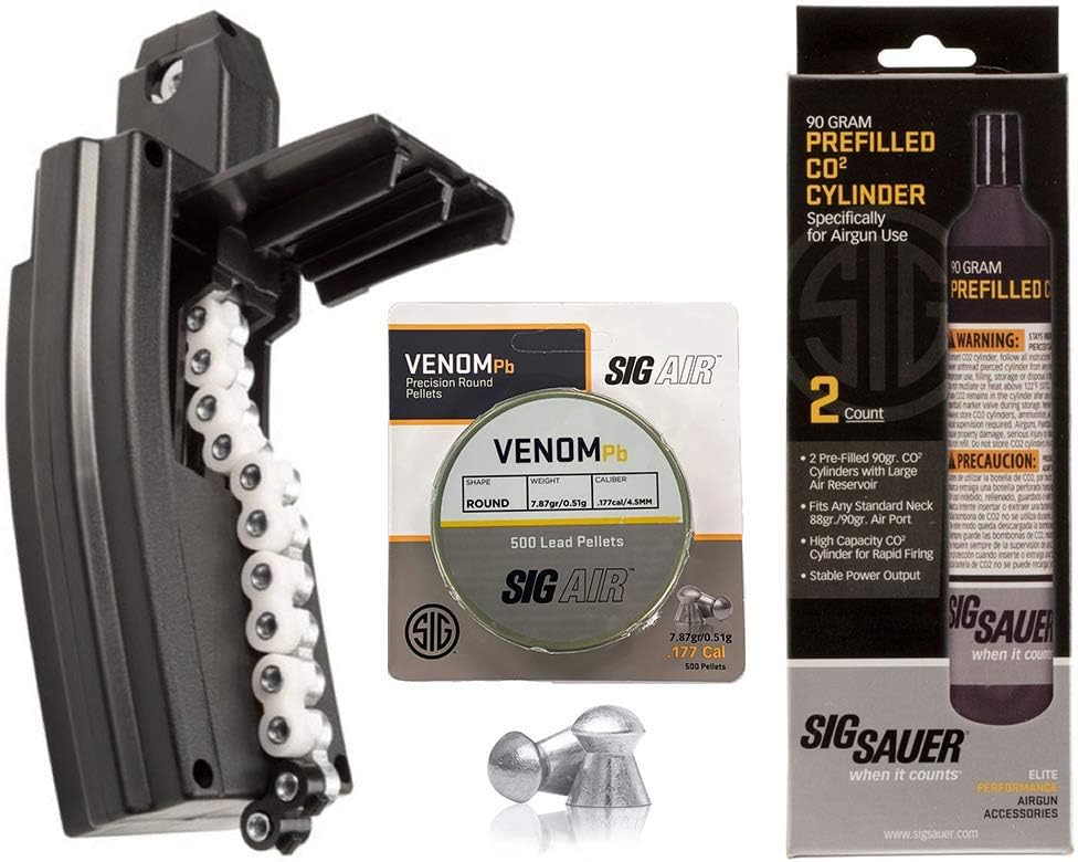 SIG Sauer MCX/MPX AIR Rifle Magazine 30 Rounds .177 Caliber with Pack of 500 Pellets and Pack of 2 90 Gram Co2 Cylinders Bundle (Match (Flat))