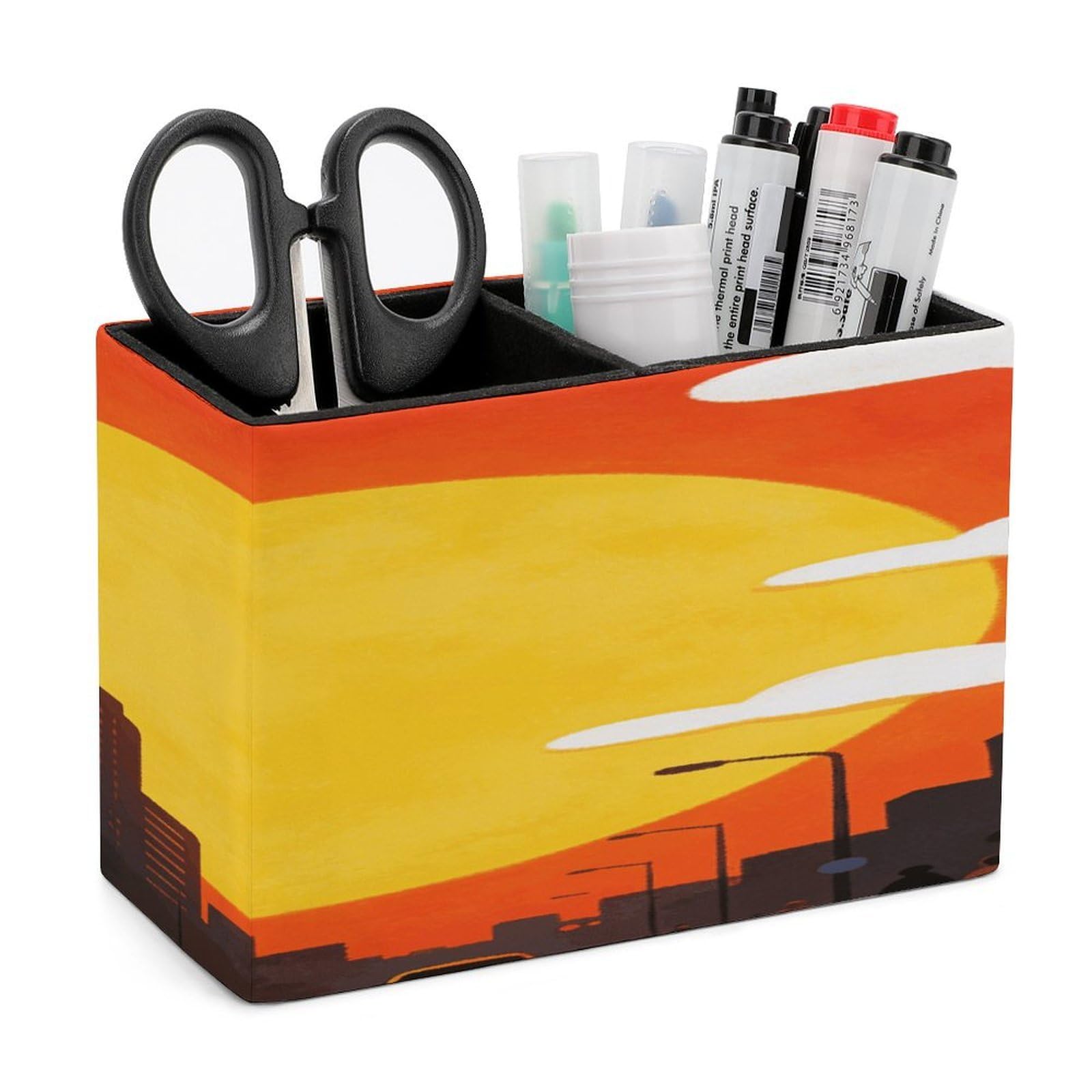 LZQPOEAS Sunset Pen Holder Double Compartments Pen Cup Makeup Brush Holders Leather Pencil Holder Locker Organizer for Work Locker Accessories Modern Pencil Cup for Desk