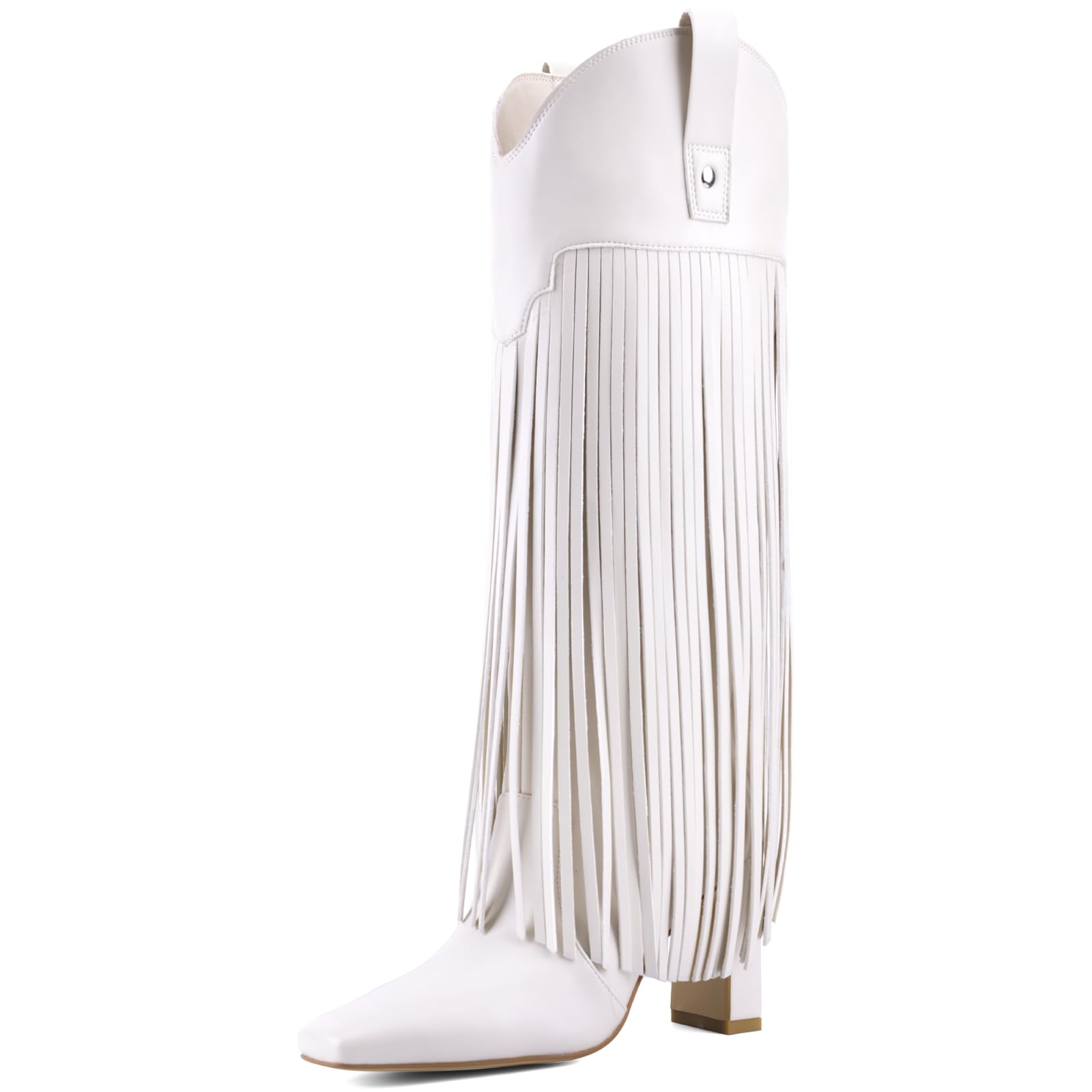 Womens Fringe Cowboy Boots Knee High Pull On Boots with Chunky Heel Square Toe Faux Leather Tall Boots