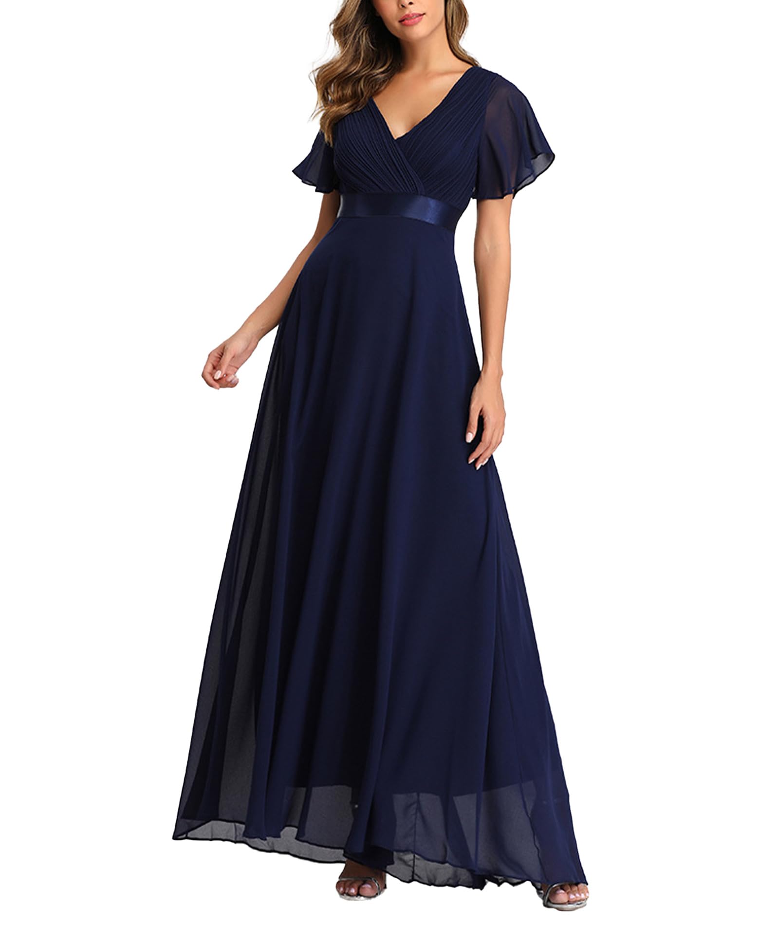 ECDAHICC Damen Abendkleider Gürtel V-Ausschnitt Hohe Taille A-Linie Chiffon Brautjungfernkleid Elegant Lang Ballkleid