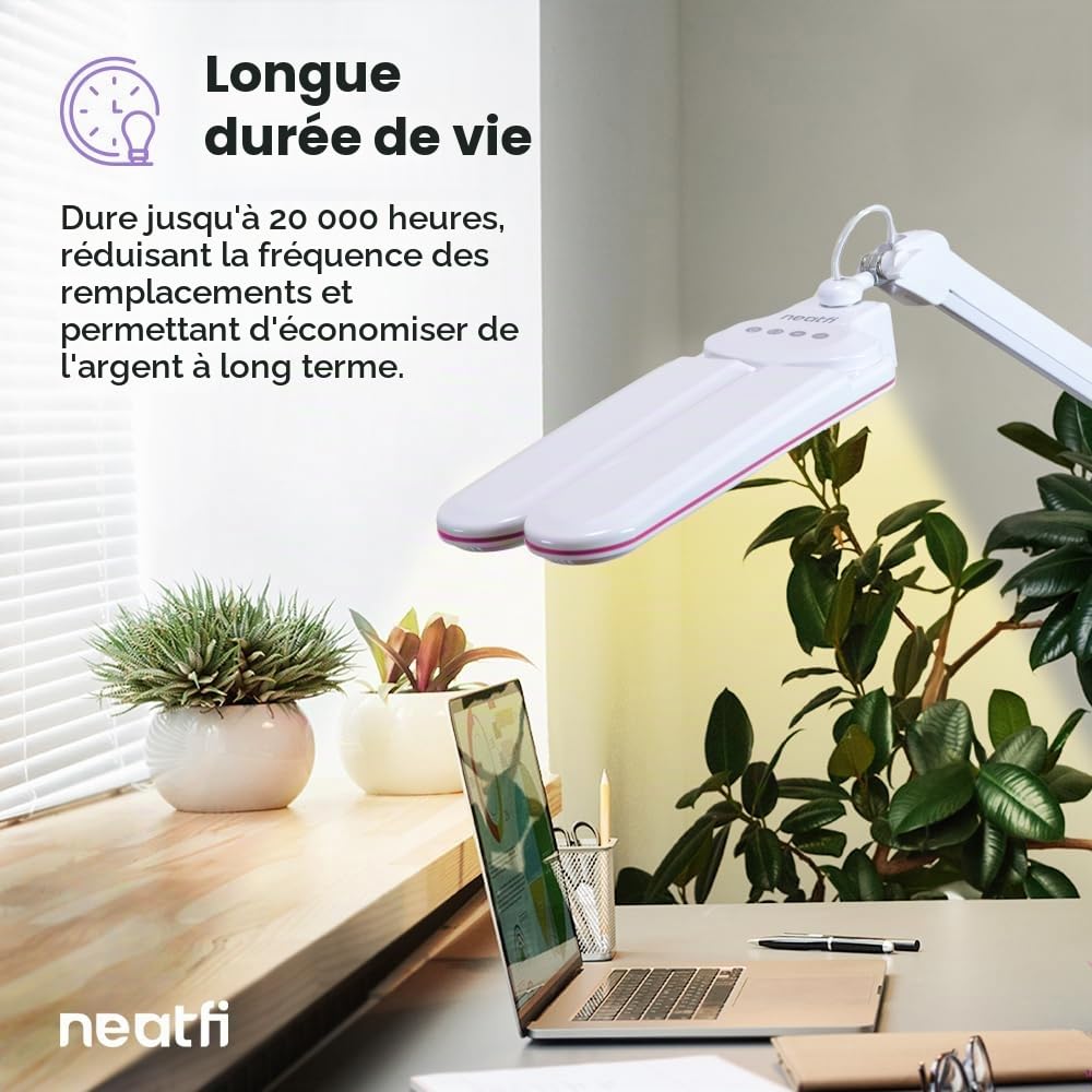 Neatfi Elite HD XL Lampe de Bureau LED | 3 Modes d’Éclairage | Variation Continue de l’Intensité | Bureau à Domicile, Dessin, Institut de Beauté et Établi (Anneau Rose, CCT avec Pince 45 CM)