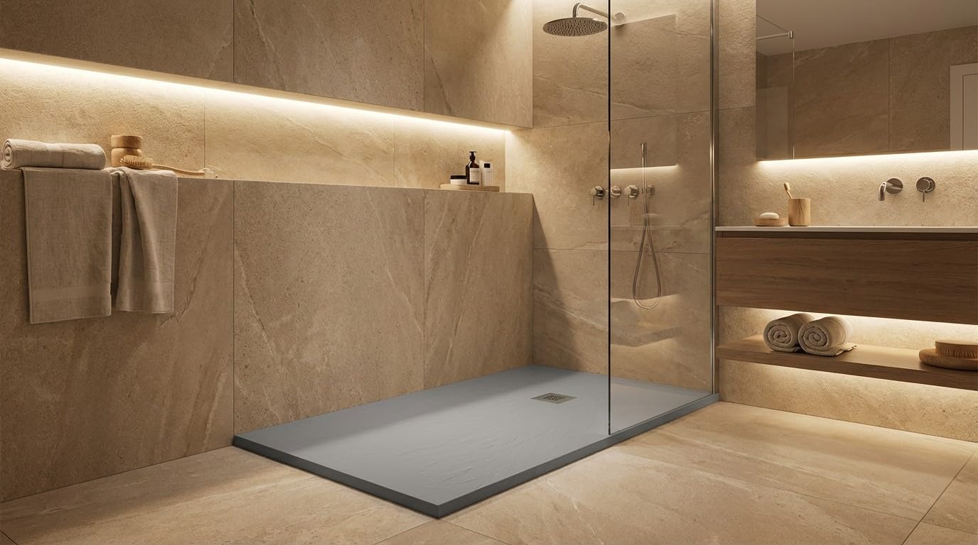 Plato de ducha de resina color cemento 75 x 130 cm con rejilla y desagüe – Showey