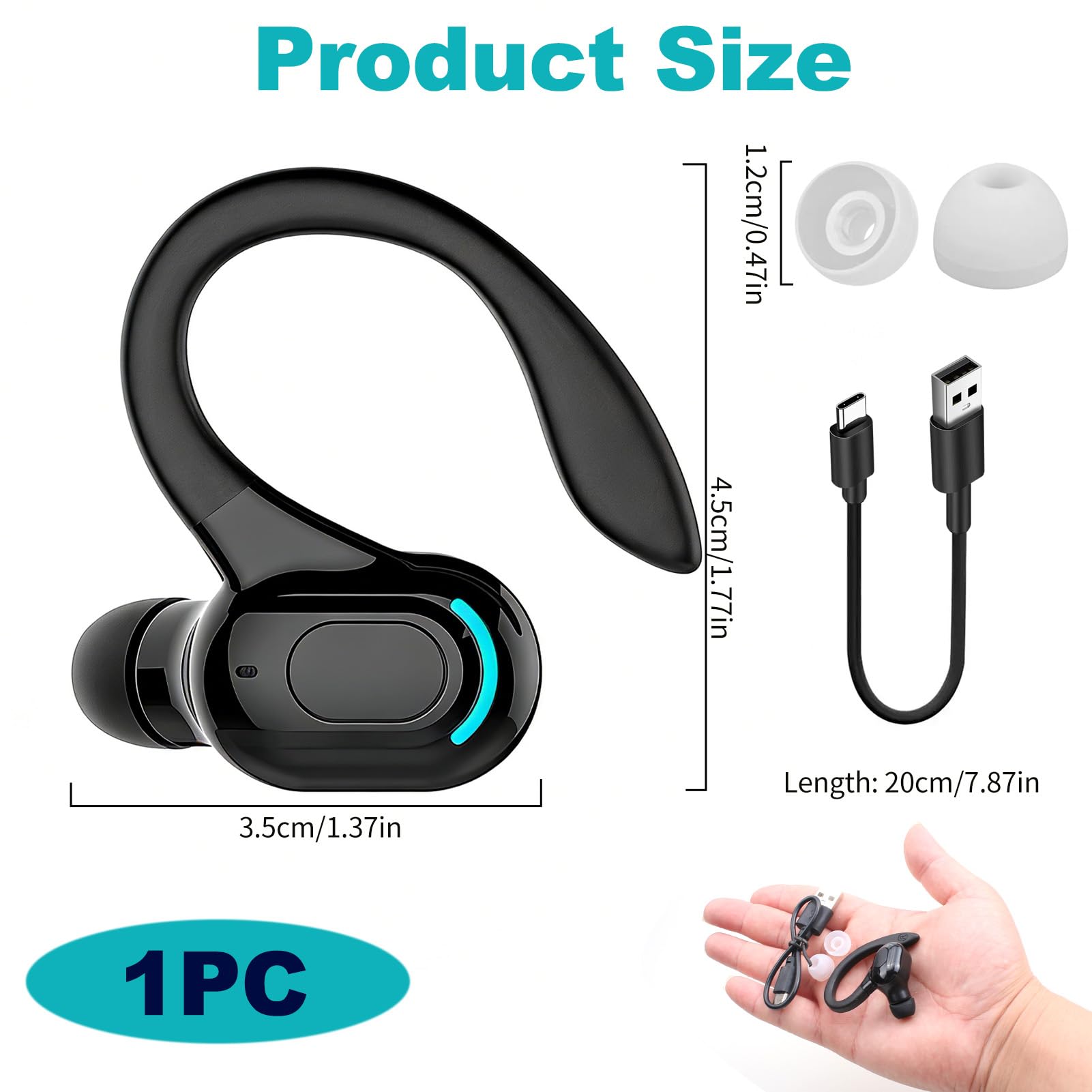 Auricolare Bluetooth Mono senza fili V5.2, microfono integrato a mani libere orecchio, 70 mAh, fino a 20 ore di riproduzione, design a 360° sopra l'orecchio, uso casco wireless per iPhone, Android e