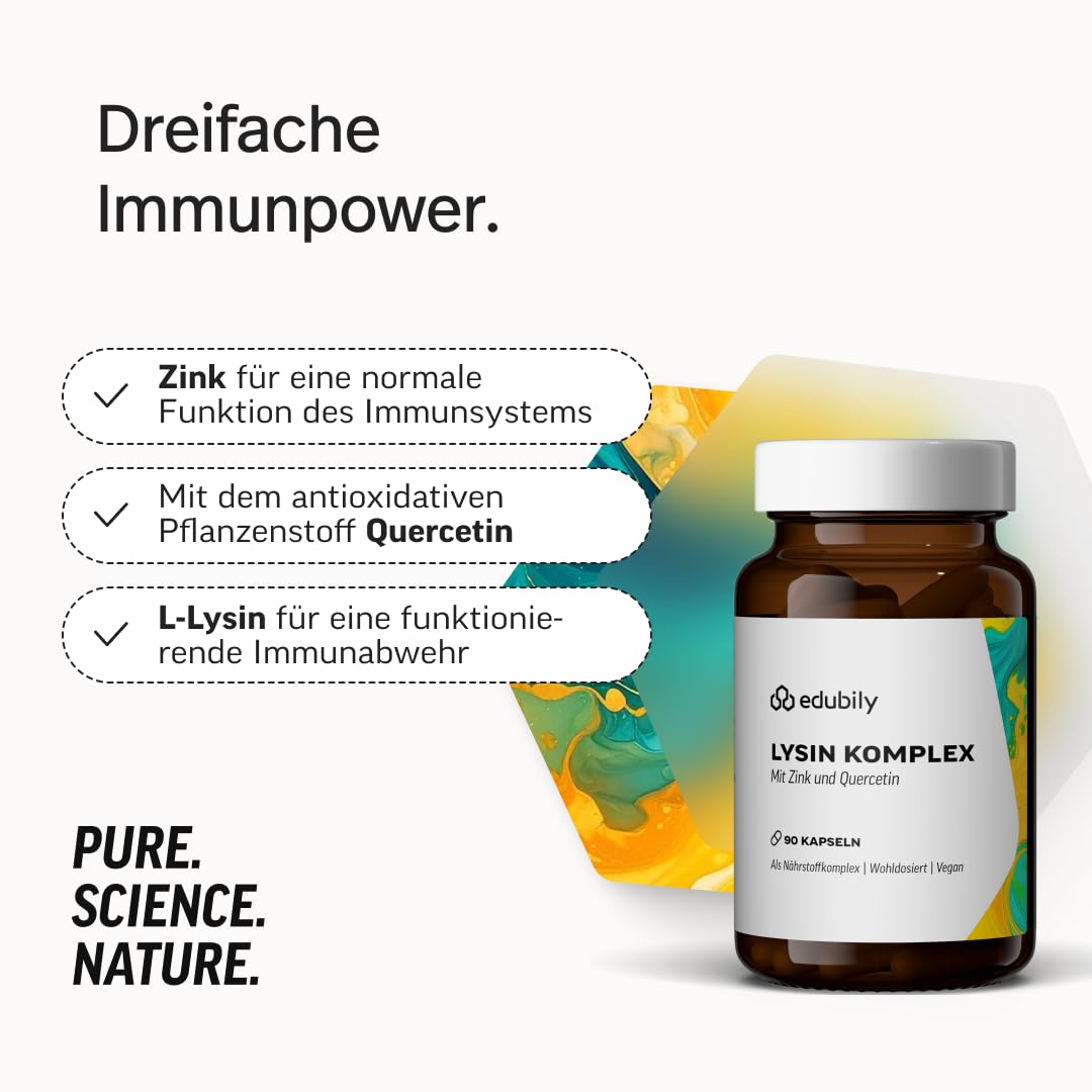 edubily® Lysin Komplex – 400 mg L-Lysin + 50 mg Quercetin + 1 mg Zink pro Kapsel – vegan, Made in Germany, ohne Zusatzstoffe – 90 Kapseln