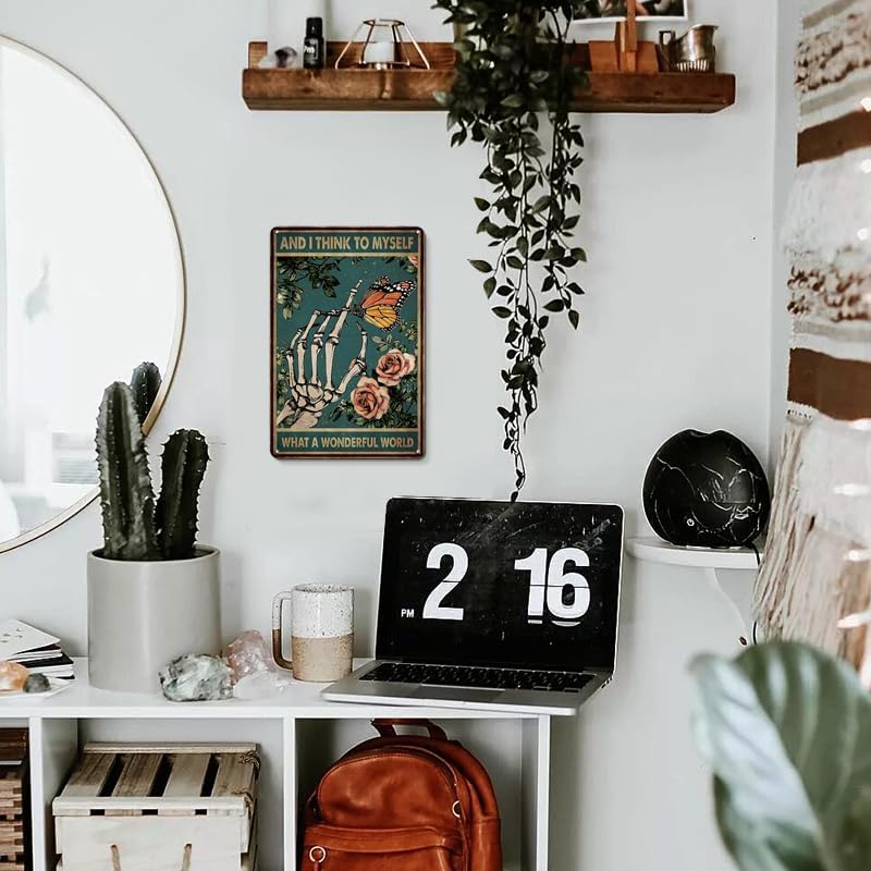 Miniatura 4 de Letrero de metal retro con texto en inglés "What a Wonderful World-Retro Metal Tin Sign Gothic Skull Butterfly Vintage Sign for Home Coffee Garden