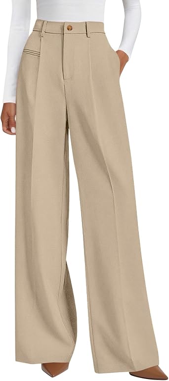 Linen Dress Pants Women Business Casual High Waisted Wide Leg Work Pants with Pockets Lightweight Office Slacks