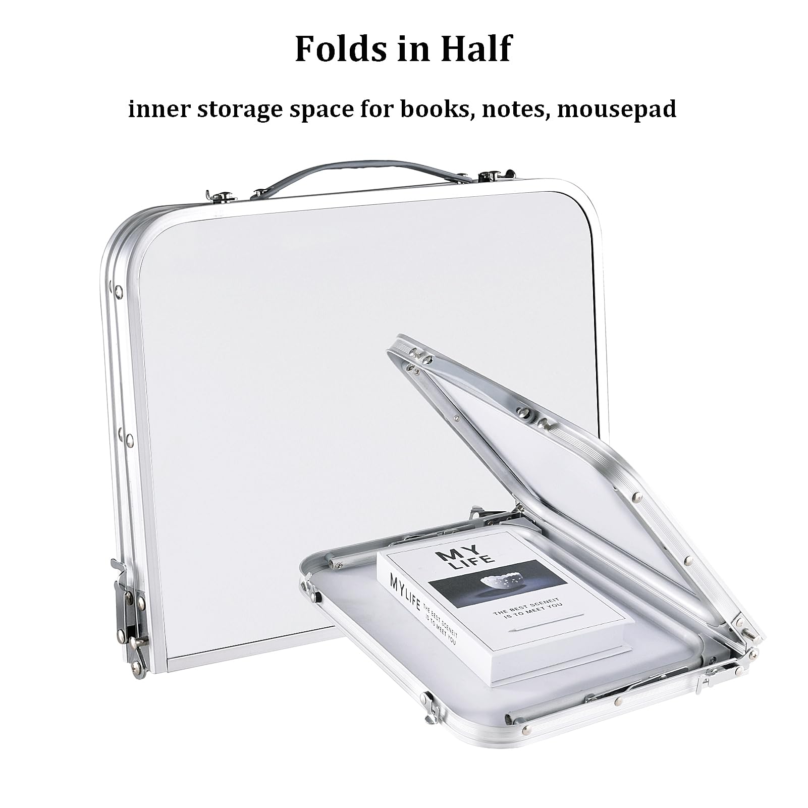 Foldable Laptop Table, Bed Table for Study and Reading, Lap Desk Table, Breakfast Tray Table, Portable Mini Picnic Table, Folds in Half with Inner Storage Space (Grey02)