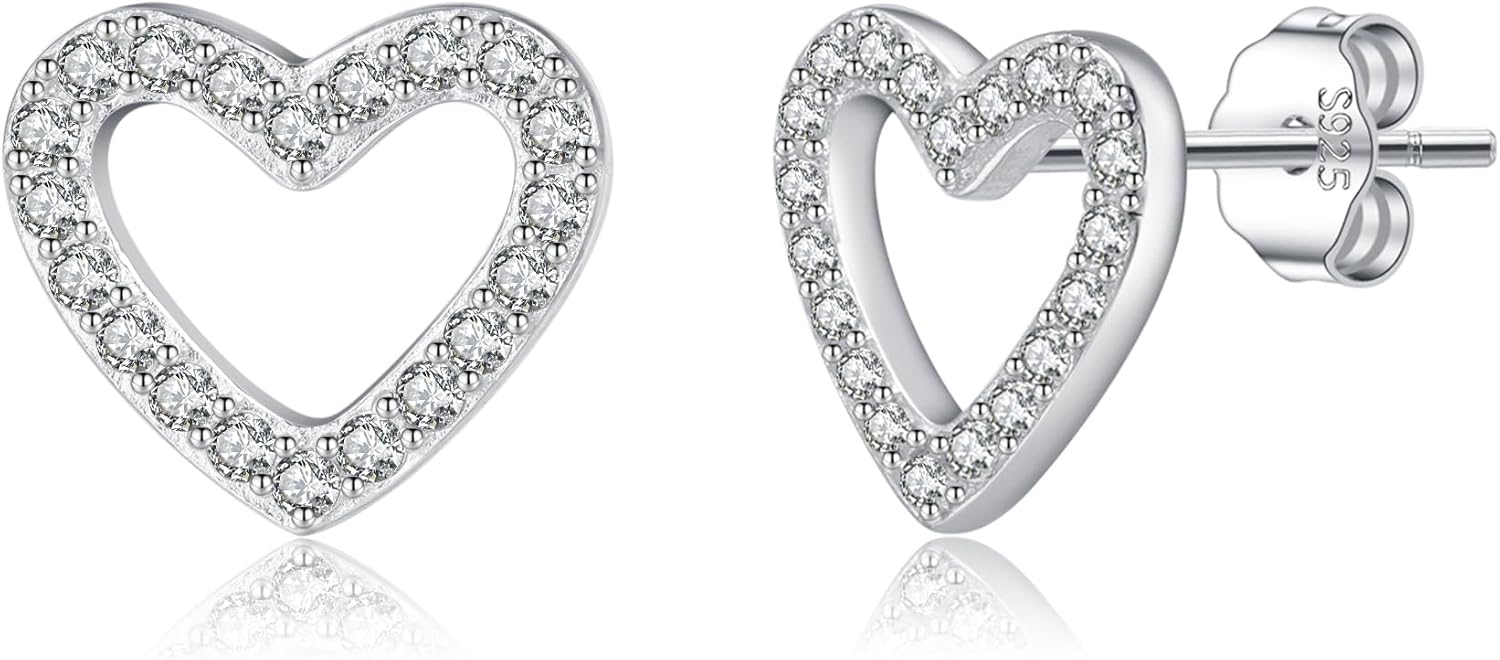 Reffeer Solid 925 Sterling Silver CZ Heart Stud Earrings for Women Teen Girls Open Heart Earrings Stud Hypoallergenic