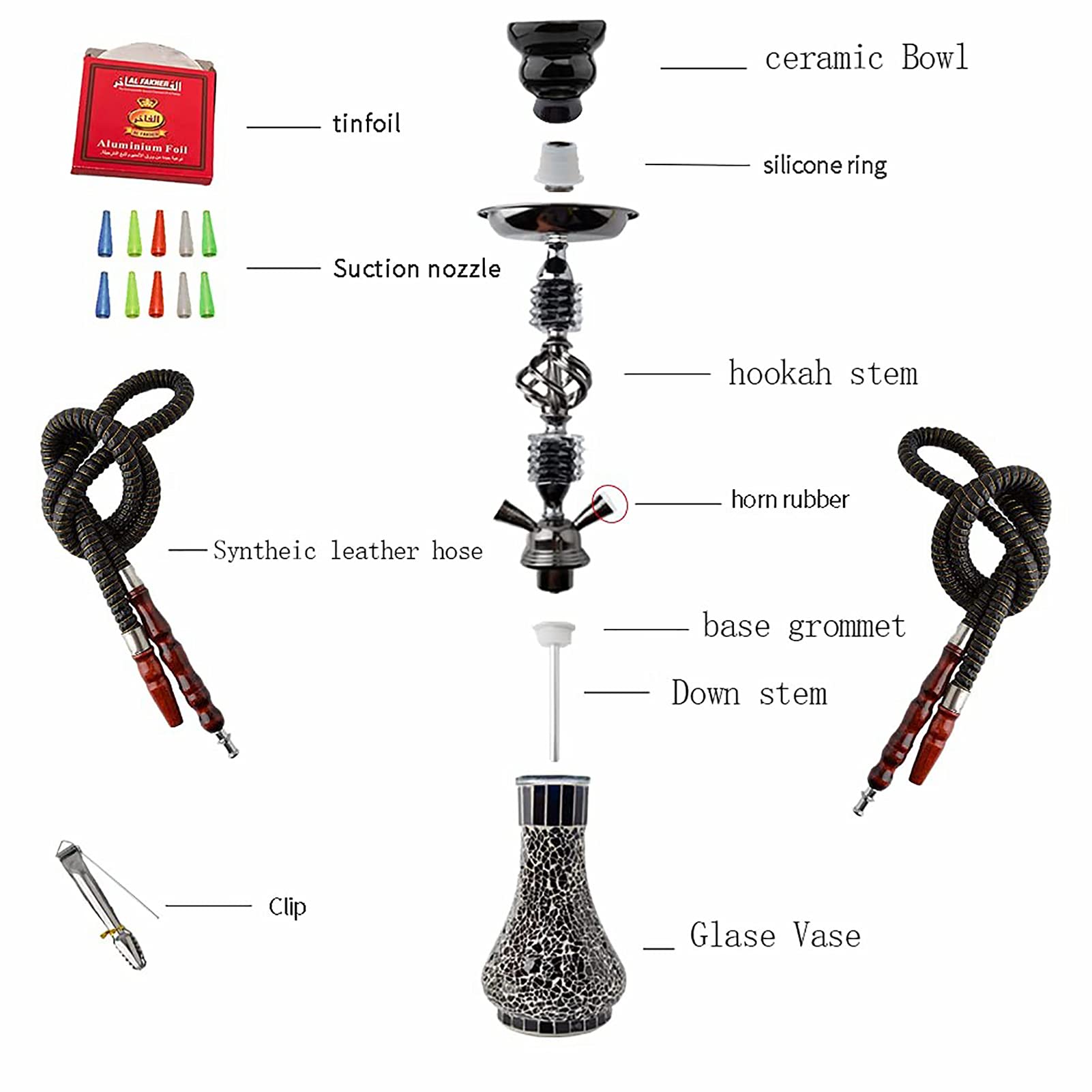 Kit Premium Shisha Hookah Juego De Hookah De 21.65"con Jarrón De Vidrio De 2 Mangueras, Cuenco De Cerámica Y Cenicero Con Pinzas Para Carbón Para Fumar Mejor Shisha B