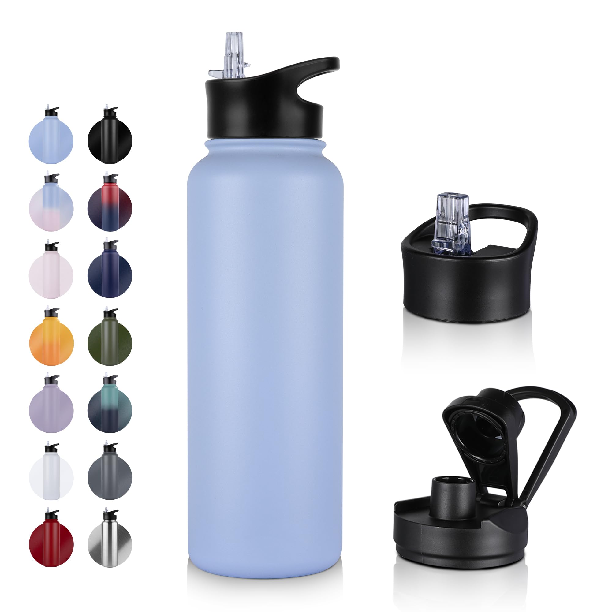 UMBFUN Insulated Water Bottle - 1.2L 2 Lids (Straw Lid and Spout Lid) - with Straw,Stainless Steel Double-Walled Insulated Vacuum Leakproof,BPA Free,Drink Flask for Travel Sports Gym Camping Hiking