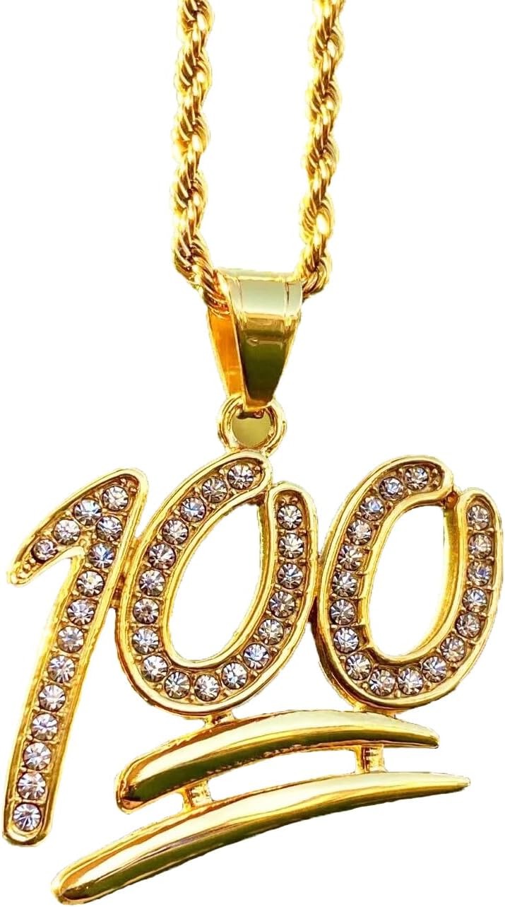 100 Percent Pendant Necklace – Men & Women 14k Gold Finish, Iced Out CZ Micropavé Cartoon Medallion, 925 Italy Stainless Steel, 2mm Rope Chain